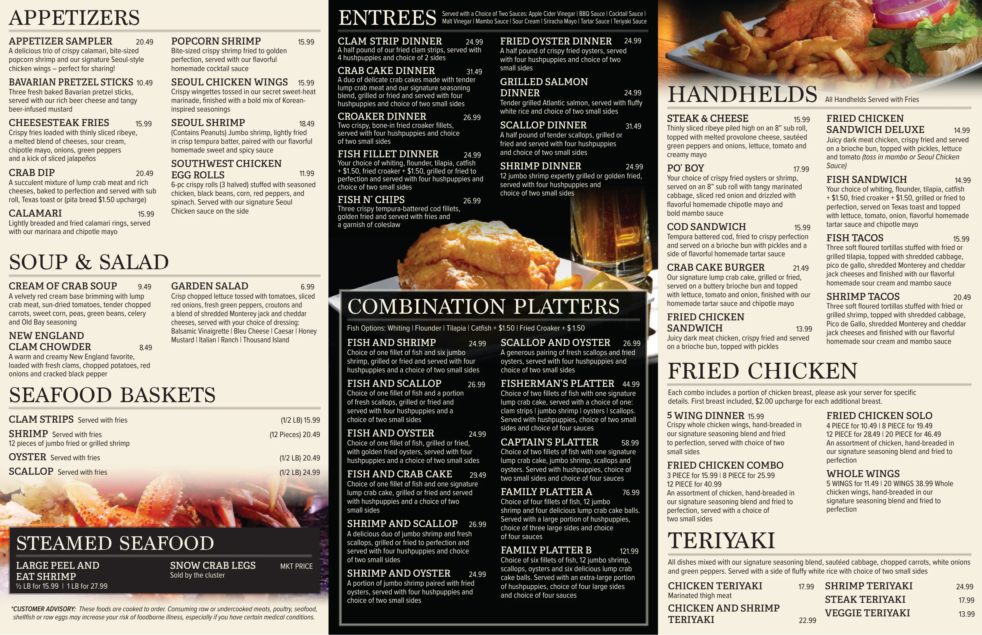 Diverse seafood menu featuring Southern-style dishes