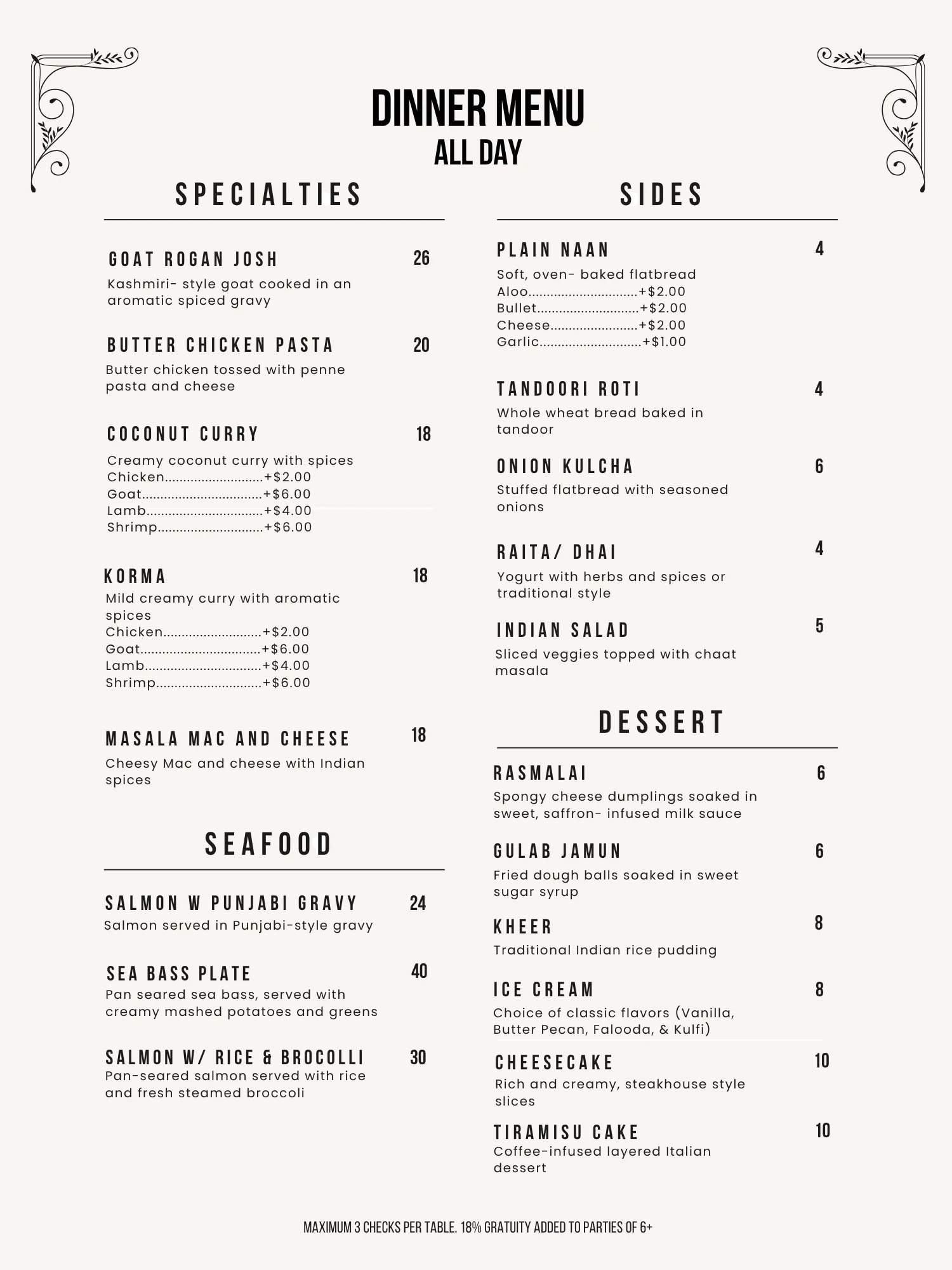 Indian dinner menu featuring goat rogan josh and butter chicken pasta