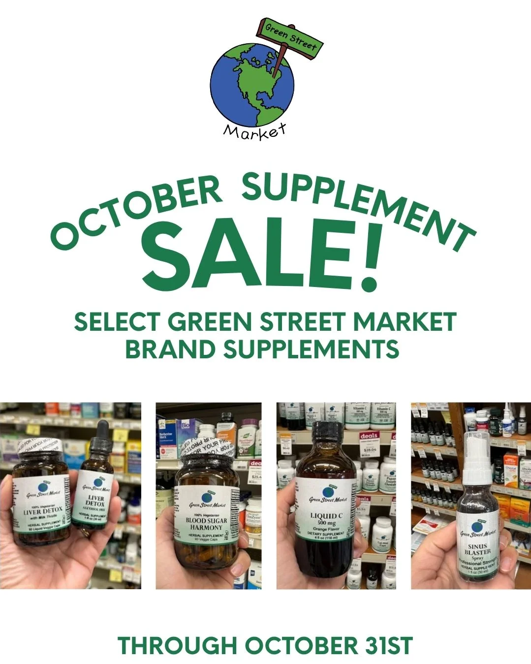 Promotional image for Green Street Market's September supplement sale with product displays