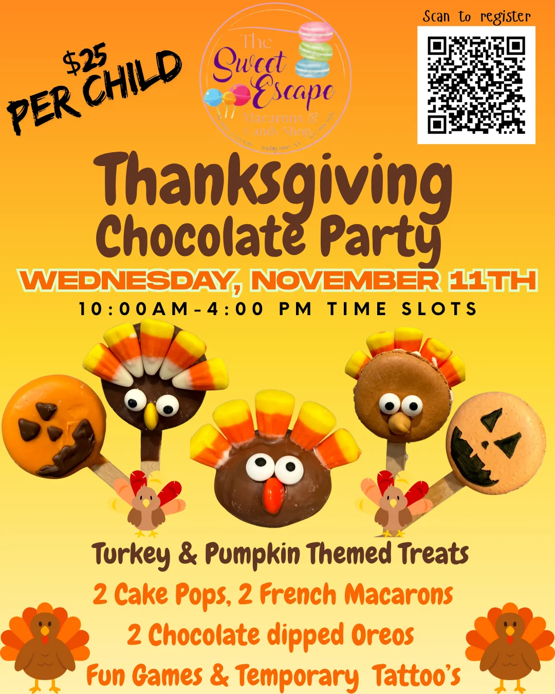 Thanksgiving chocolate party flyer with turkey cake pops and French macarons