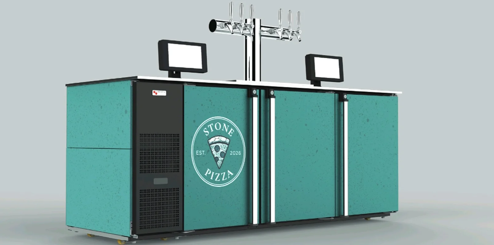 Modern pizza bar counter with taps and digital screens