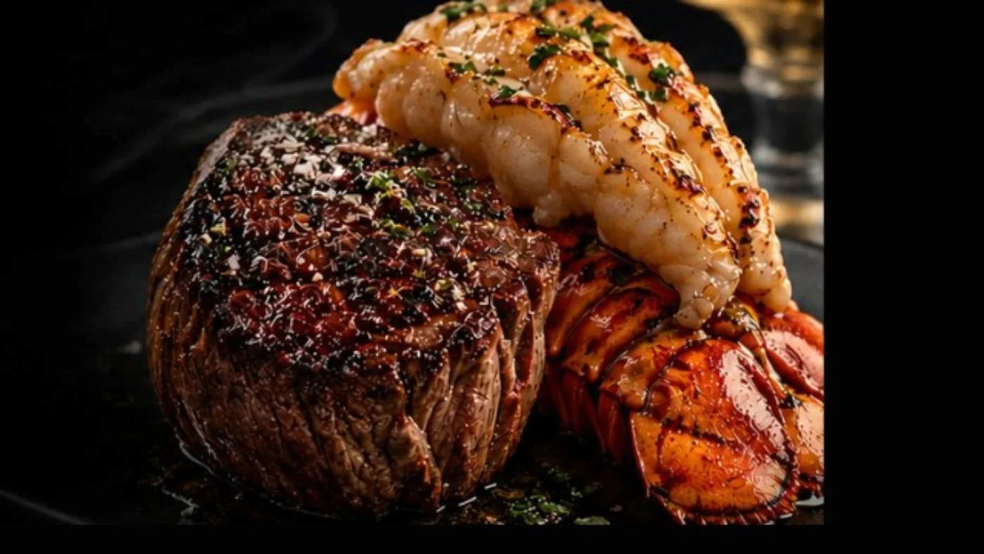 Grilled surf and turf featuring steak and lobster tail