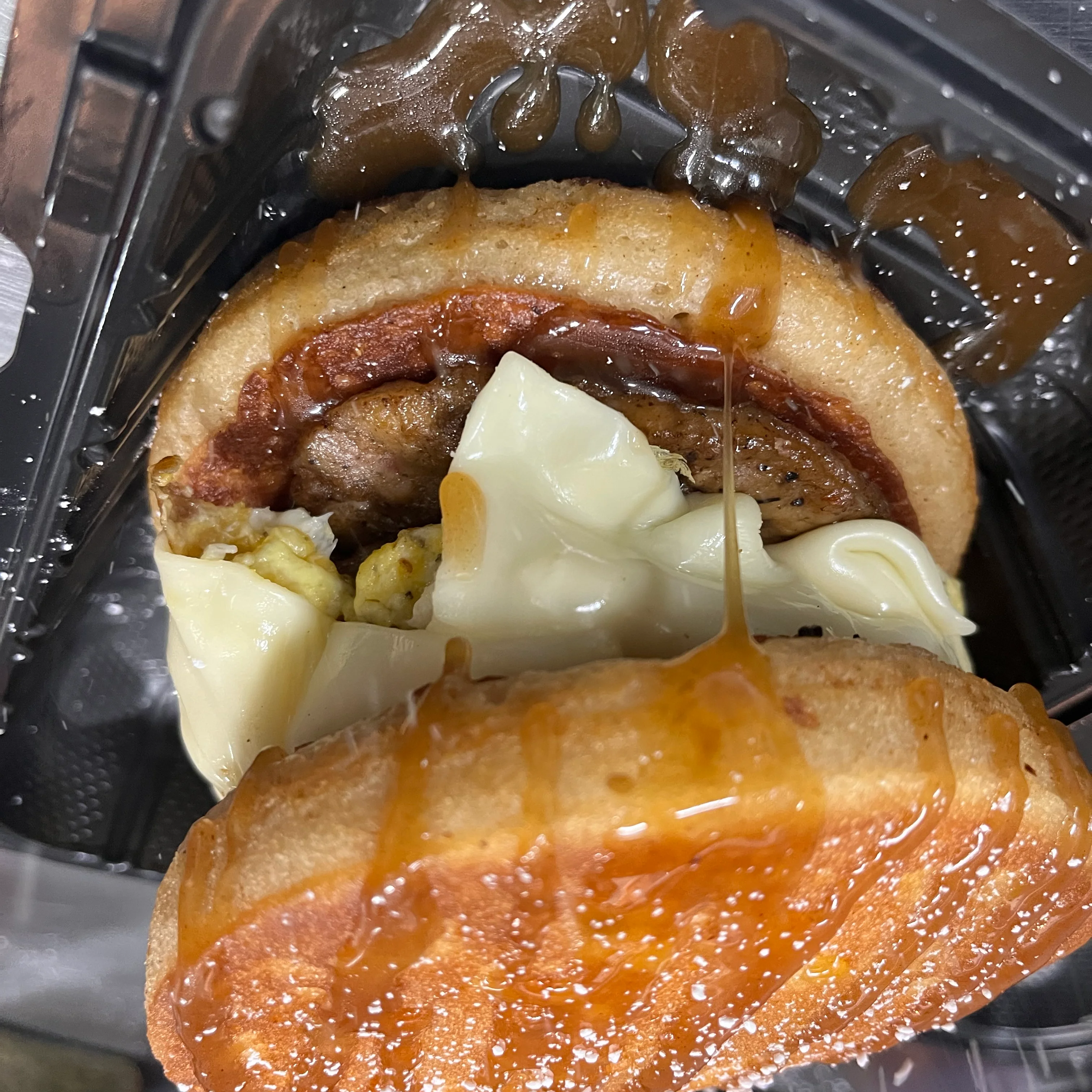 Decadent breakfast sandwich with caramel drizzle