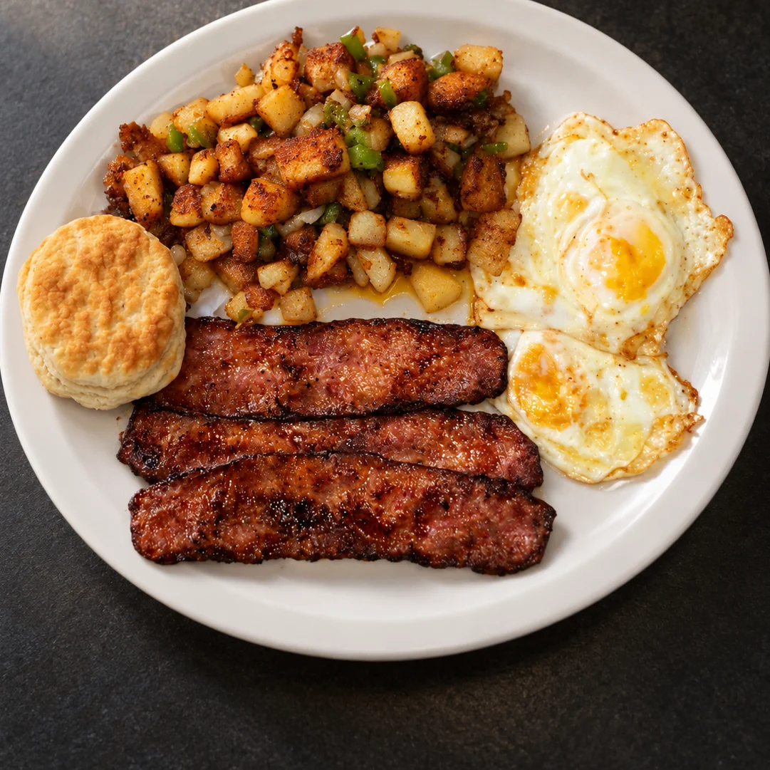 Southern American breakfast with sausage, eggs, hash browns, and biscuit