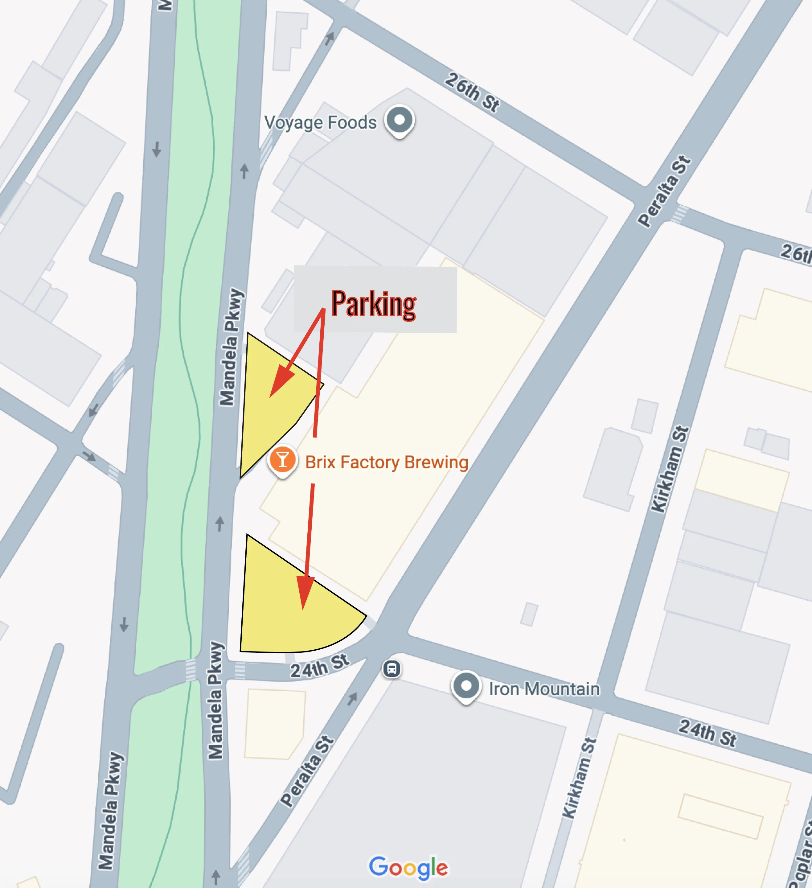 Map showing parking and Brix Factory Brewing location
