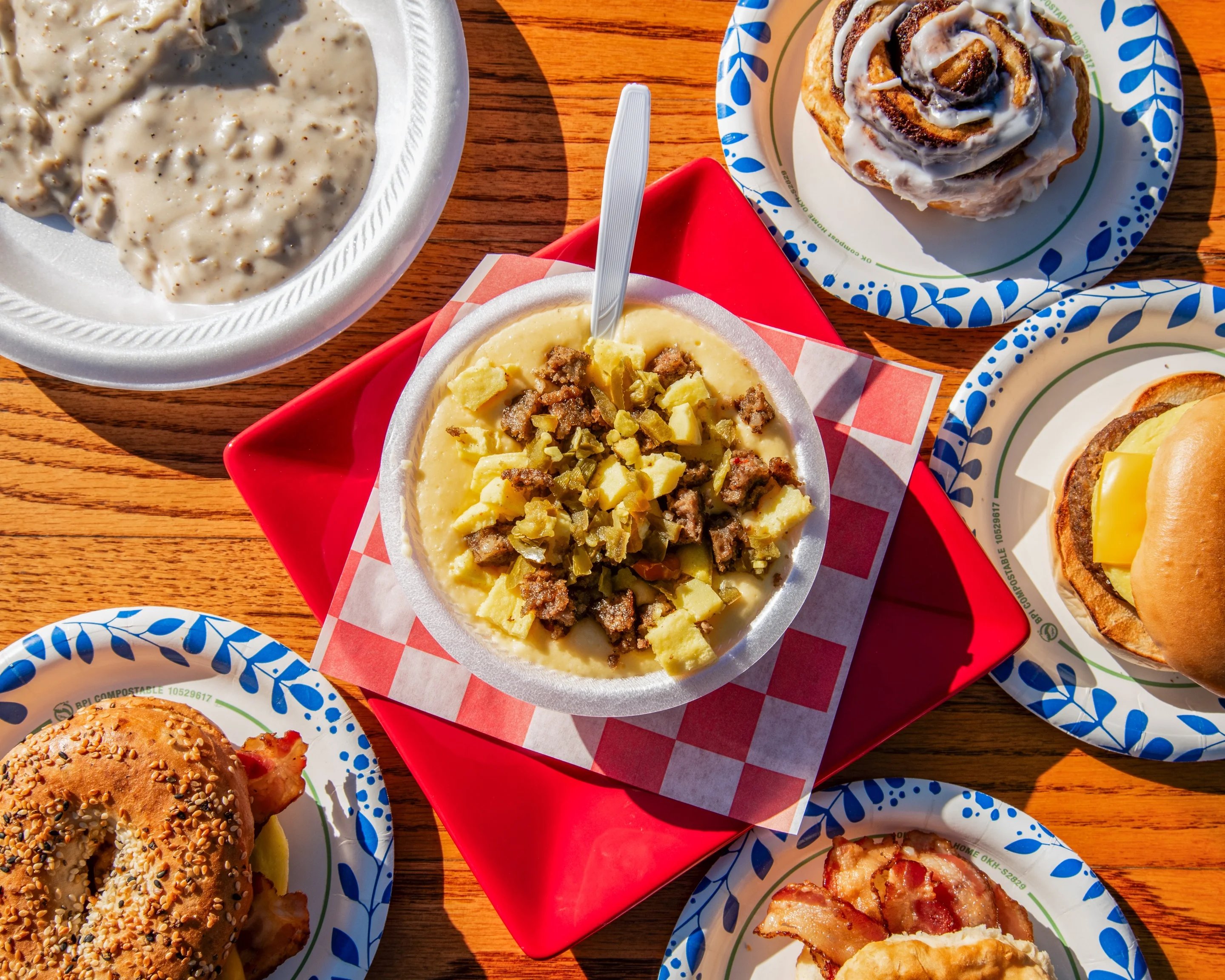 Southern breakfast bowl with sausage gravy and biscuits