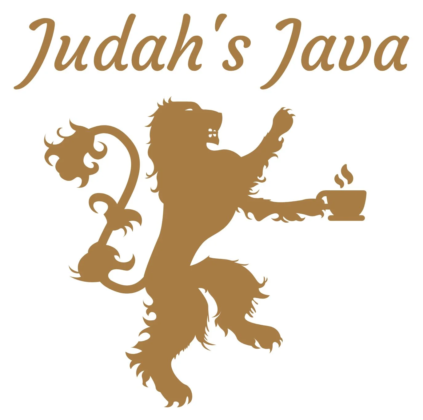 Logo of Judah's Java featuring a lion holding a coffee cup