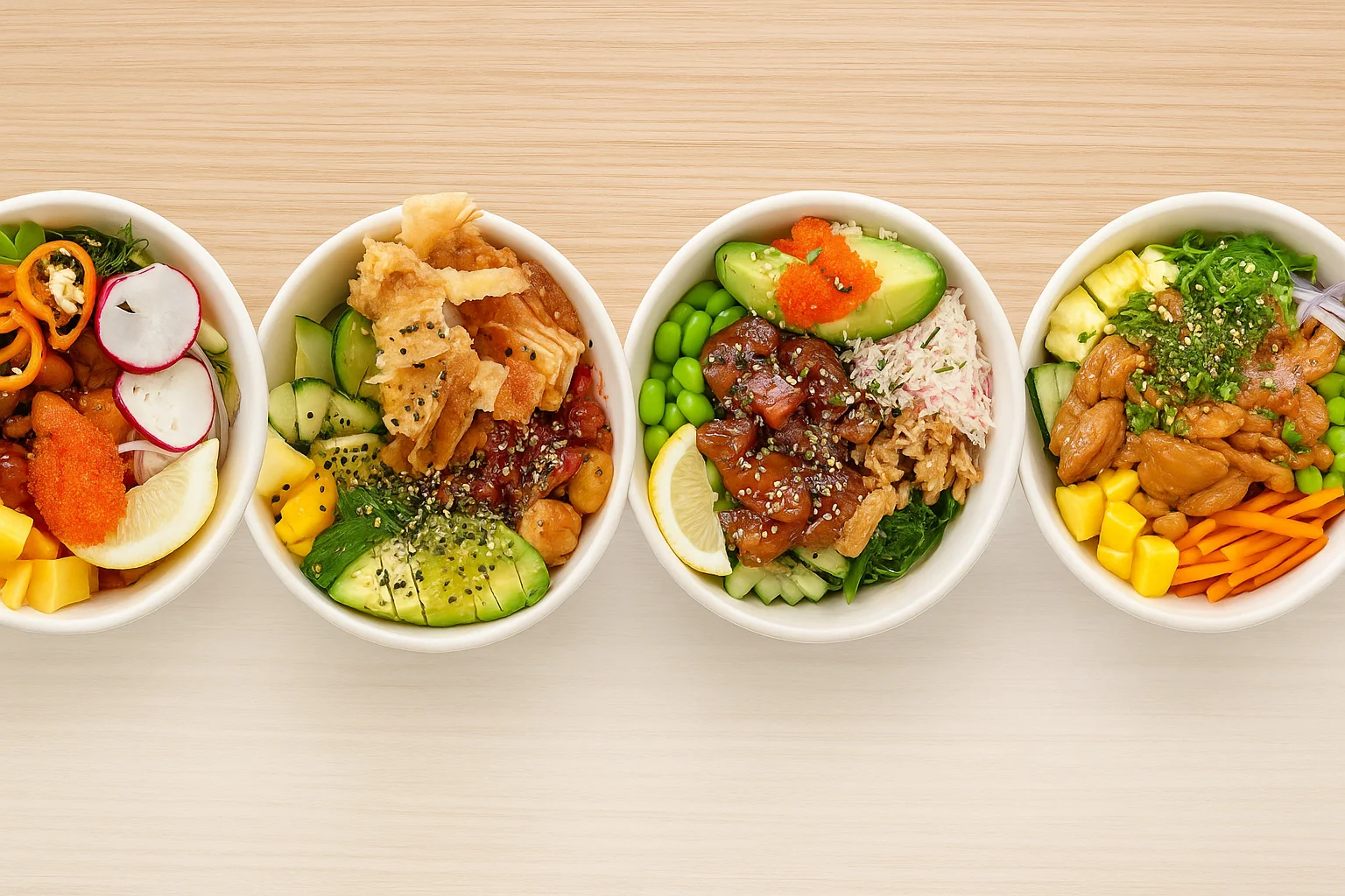 Colorful poke bowls with fresh ingredients