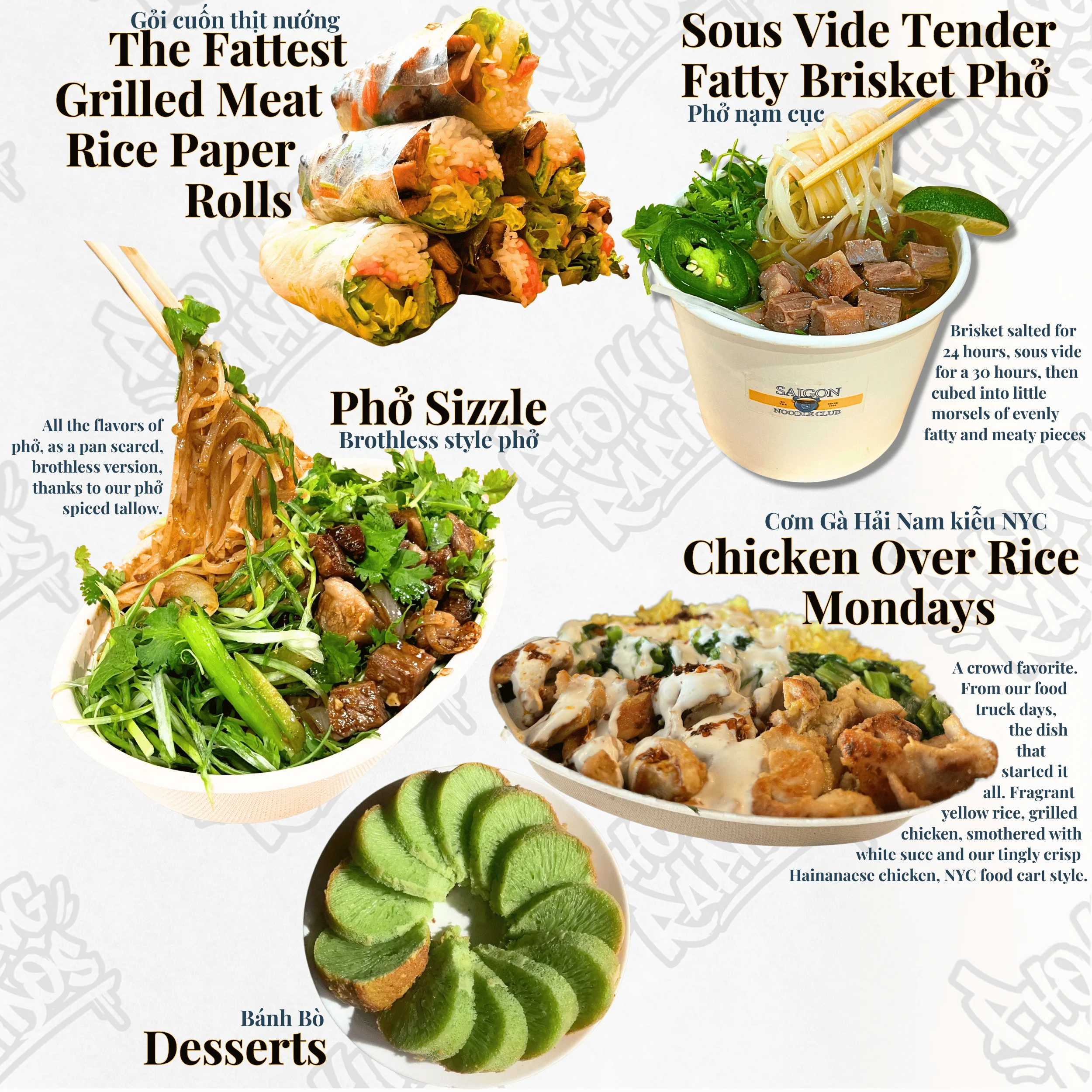 Vietnamese grilled meat spring rolls and chicken over rice