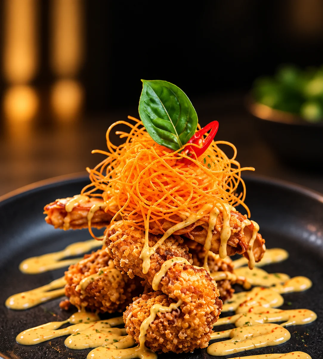 Crispy fried chicken with Thai-inspired garnish and creamy sauce