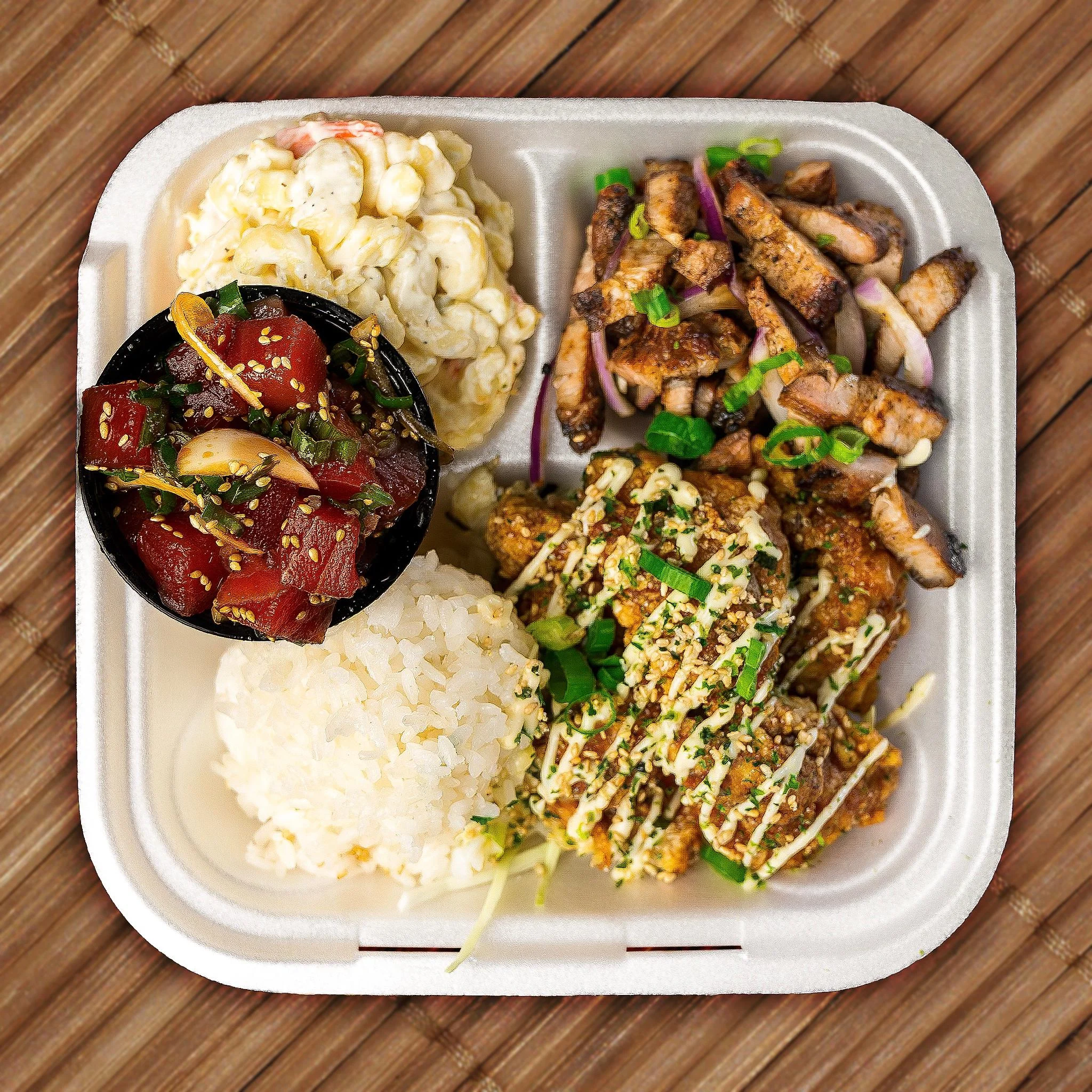 Braddah Paul's Plate (Mochiko, Pork Belly, Poke)