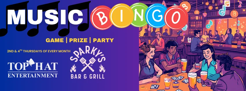 Colorful Music Bingo event poster with musical notes and bingo cards.