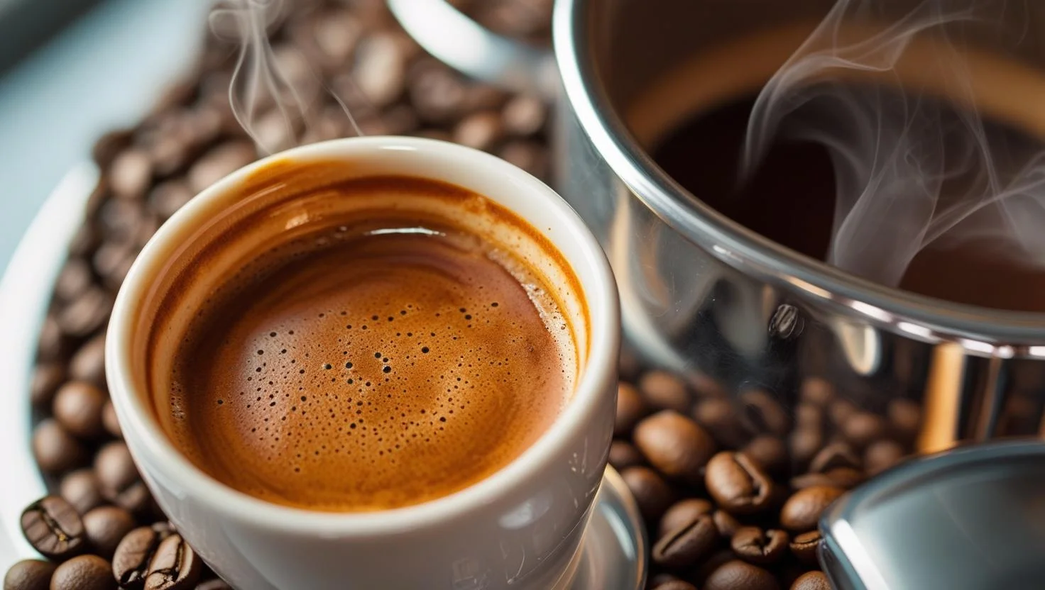 Freshly brewed espresso in a white cup