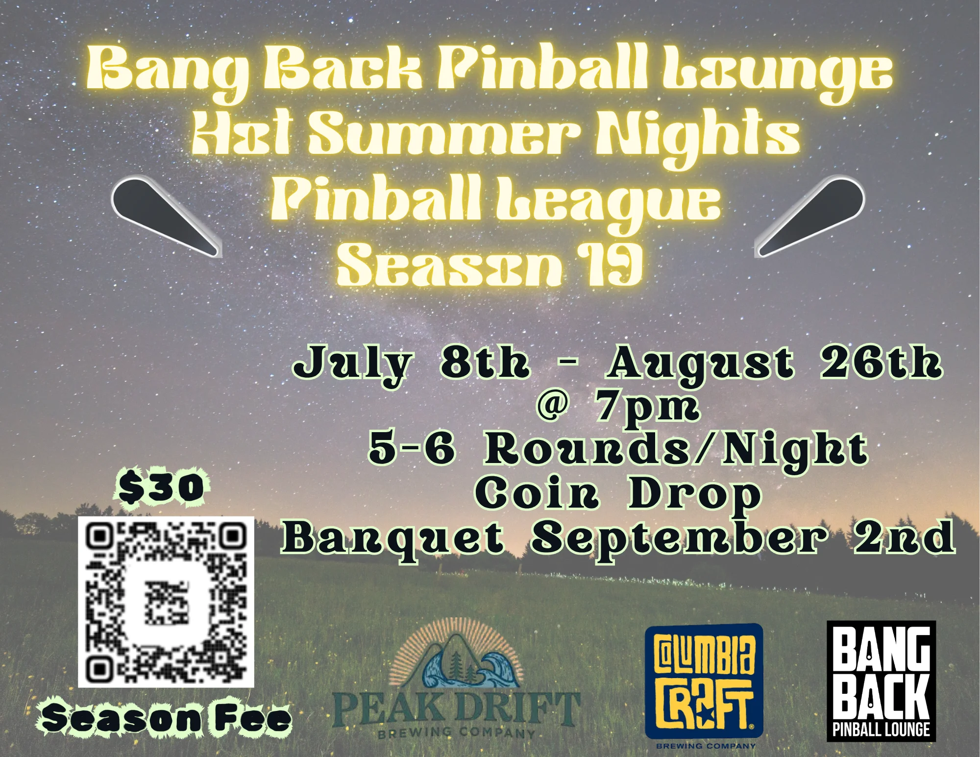 Promotional poster for a summer pinball league at Bang Back Pinball Lounge