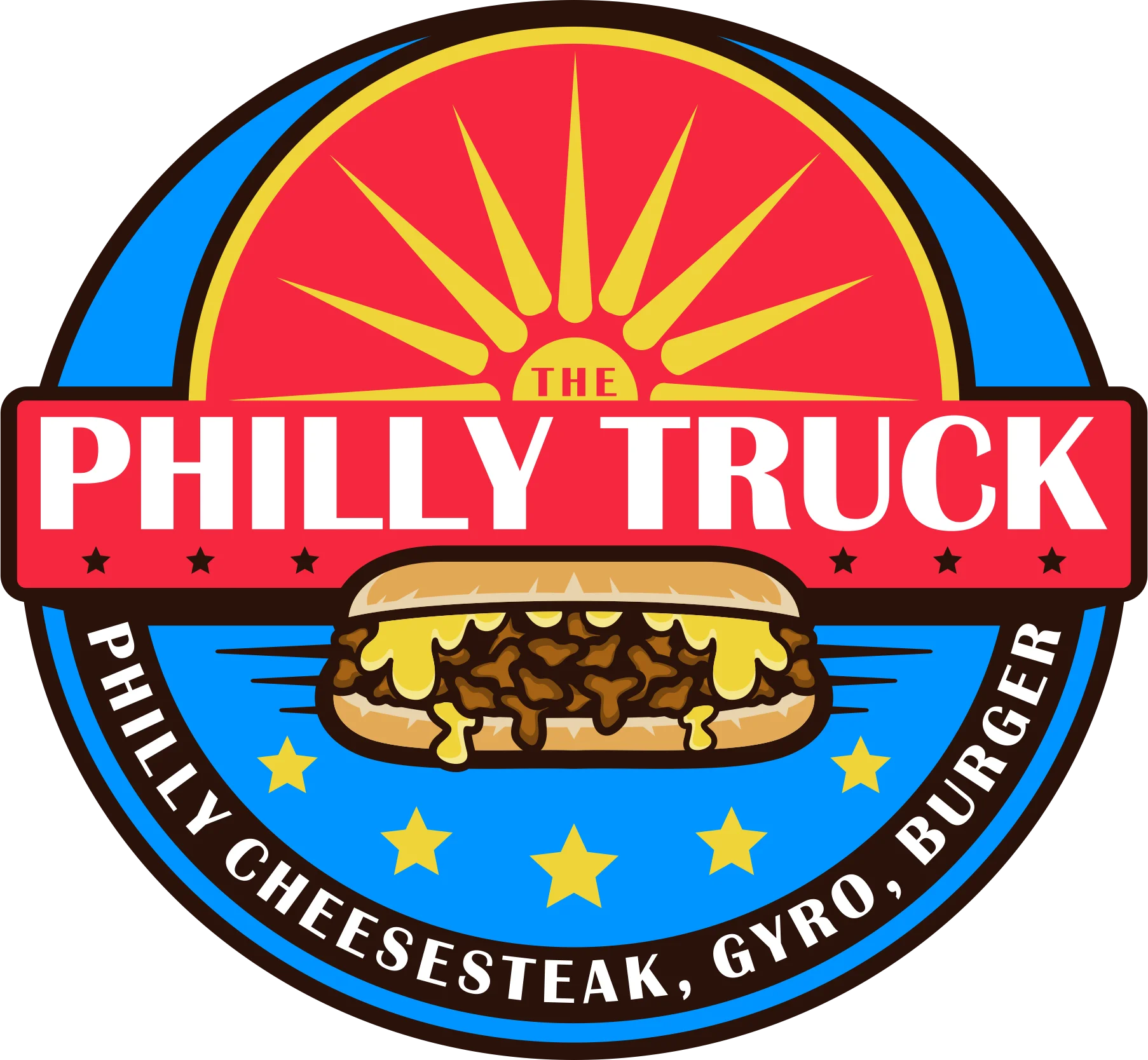 A colorful logo featuring a cheesesteak sandwich with melted cheese and a sunburst background. The words 'PHILLY TRUCK' are prominently displayed at the top.