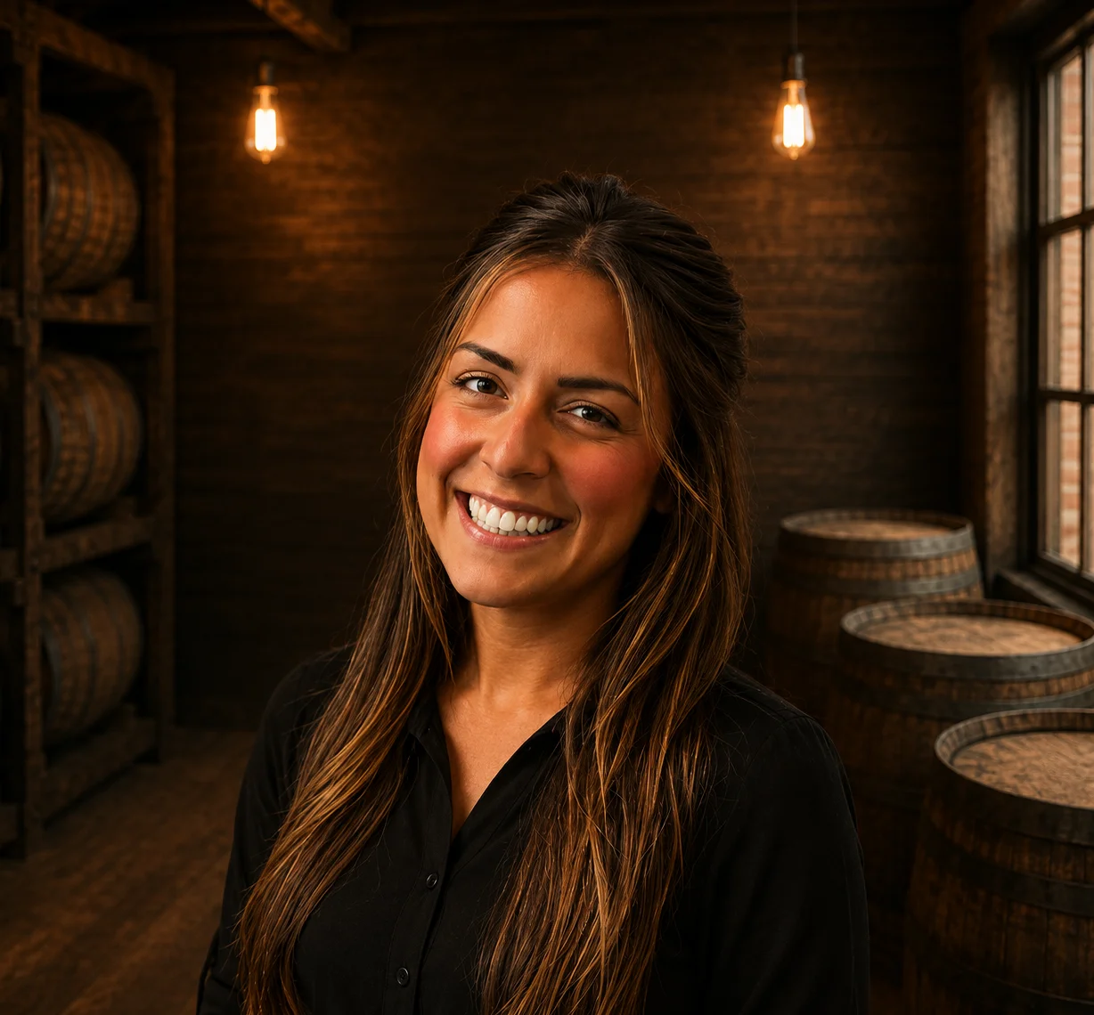 Smiling man in a restaurant with barrels in the background