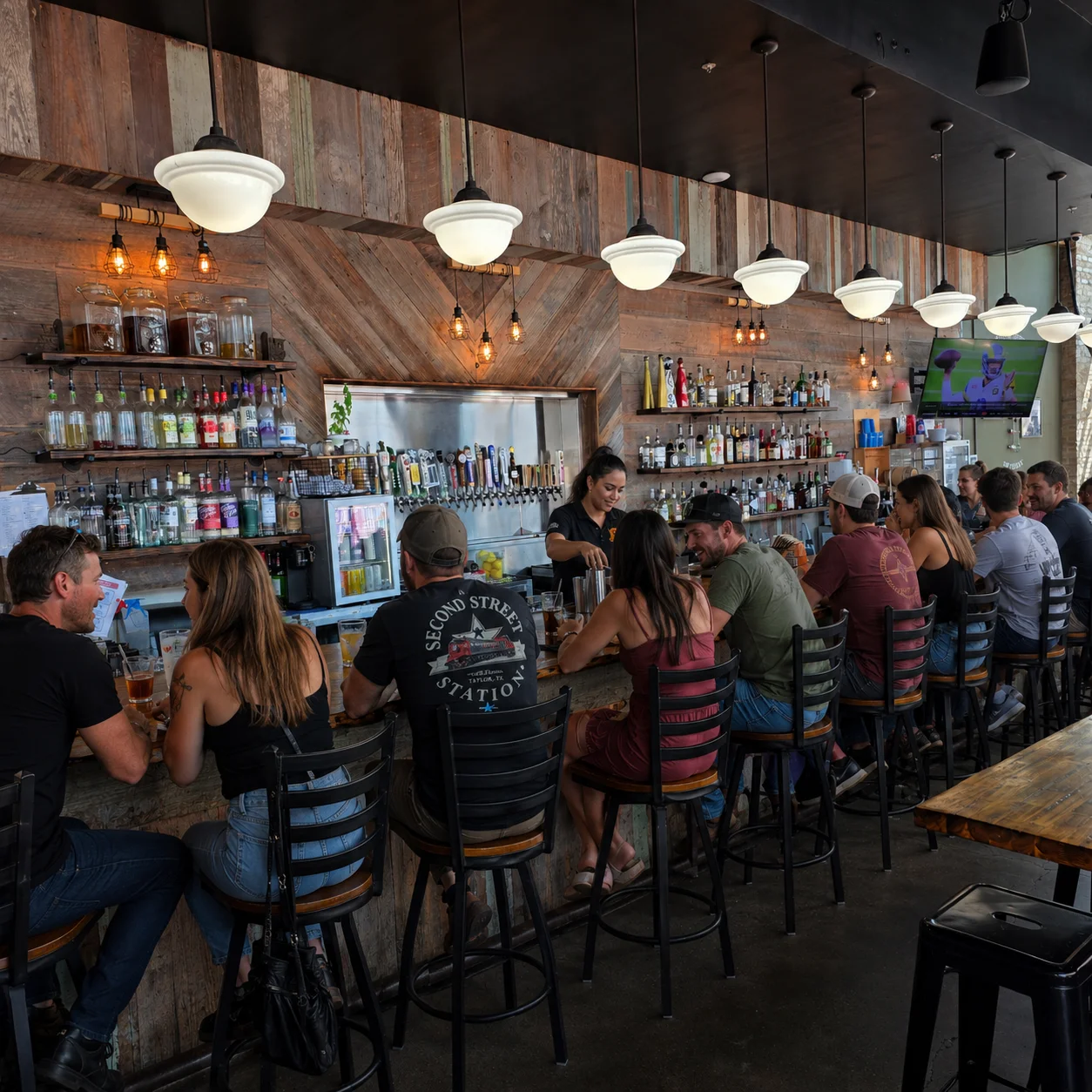 Modern bar interior with patrons enjoying drinks