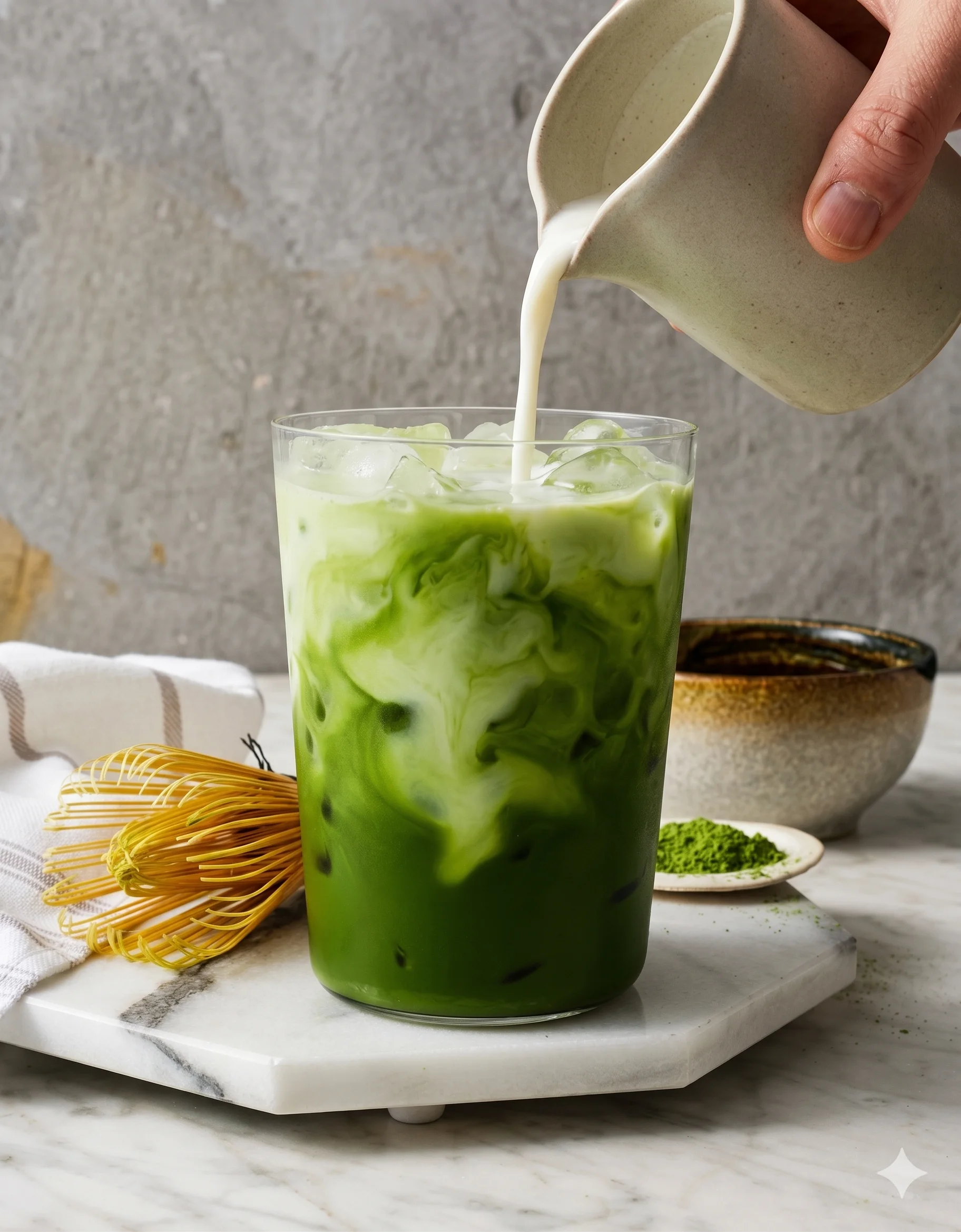 Iced matcha latte with milk being poured over green tea mixture.