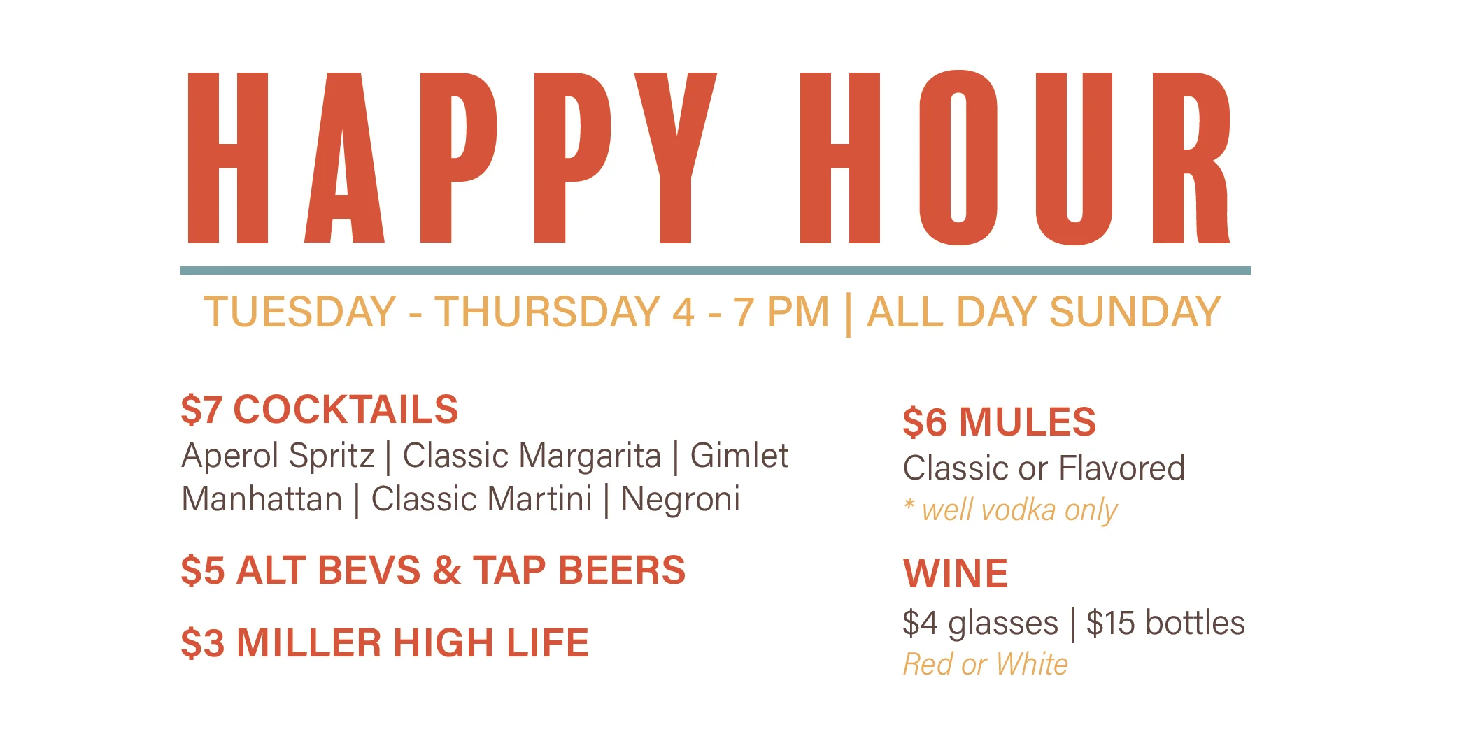 Happy Hour menu with drink specials and timings.
