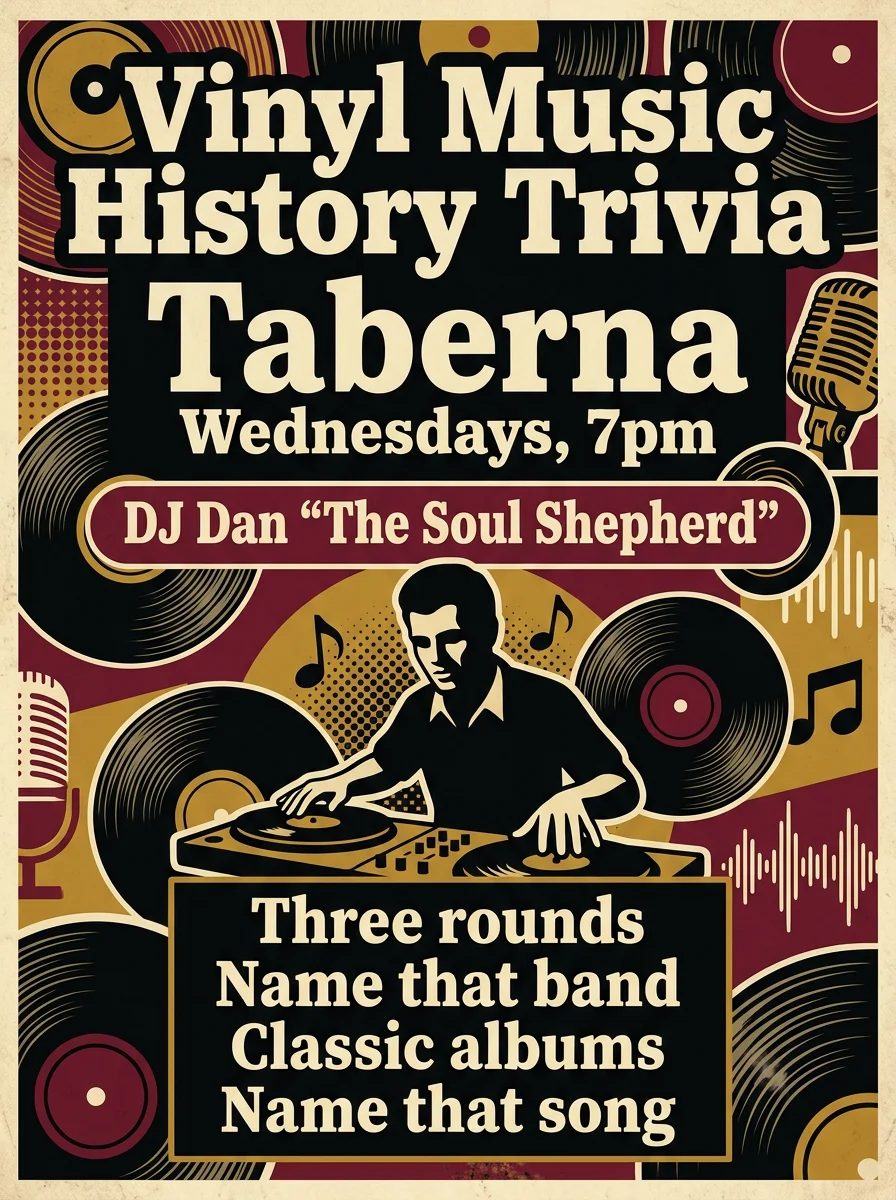 Vinyl music trivia event poster with DJ and details