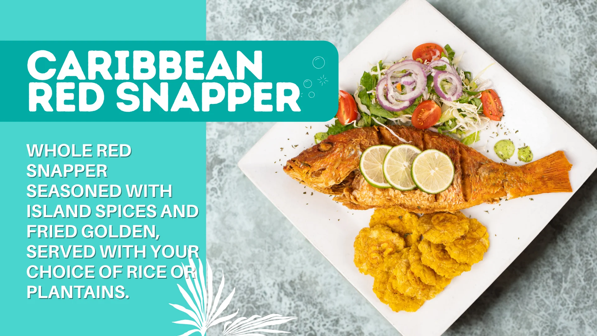 Caribbean red snapper with plantains and salad on a white plate.