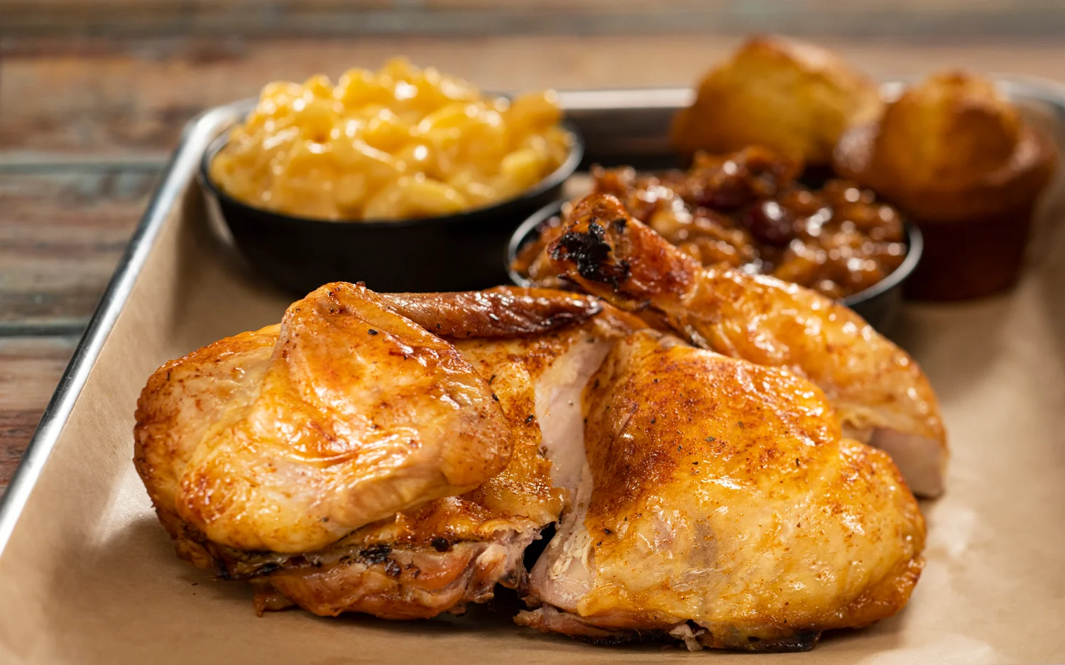 Southern-style roasted chicken platter with sides