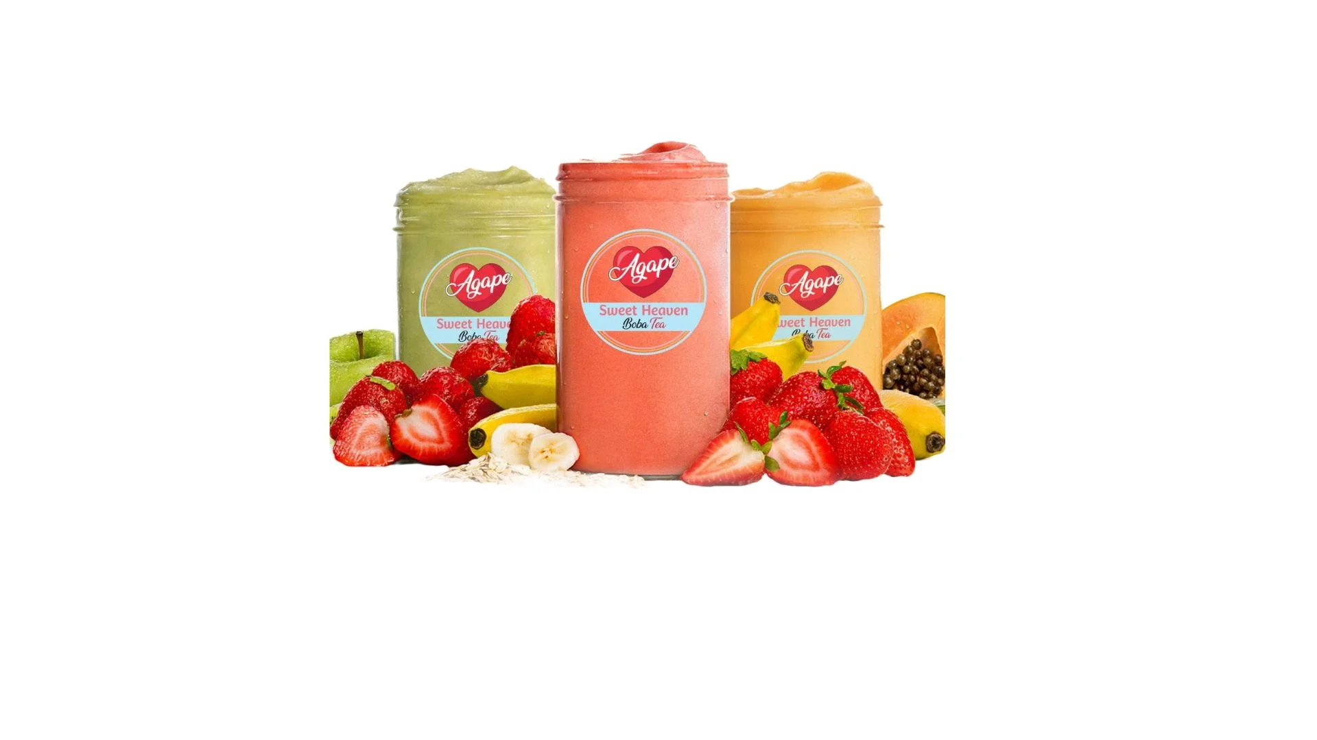 Colorful boba tea smoothies with fresh fruit