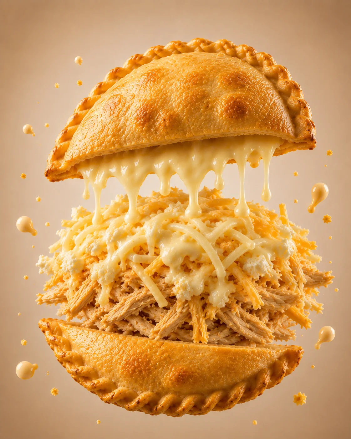 A delicious cheesy chicken empanada that's bursting with shredded chicken and melted cheese, with strands of cheese dripping down.