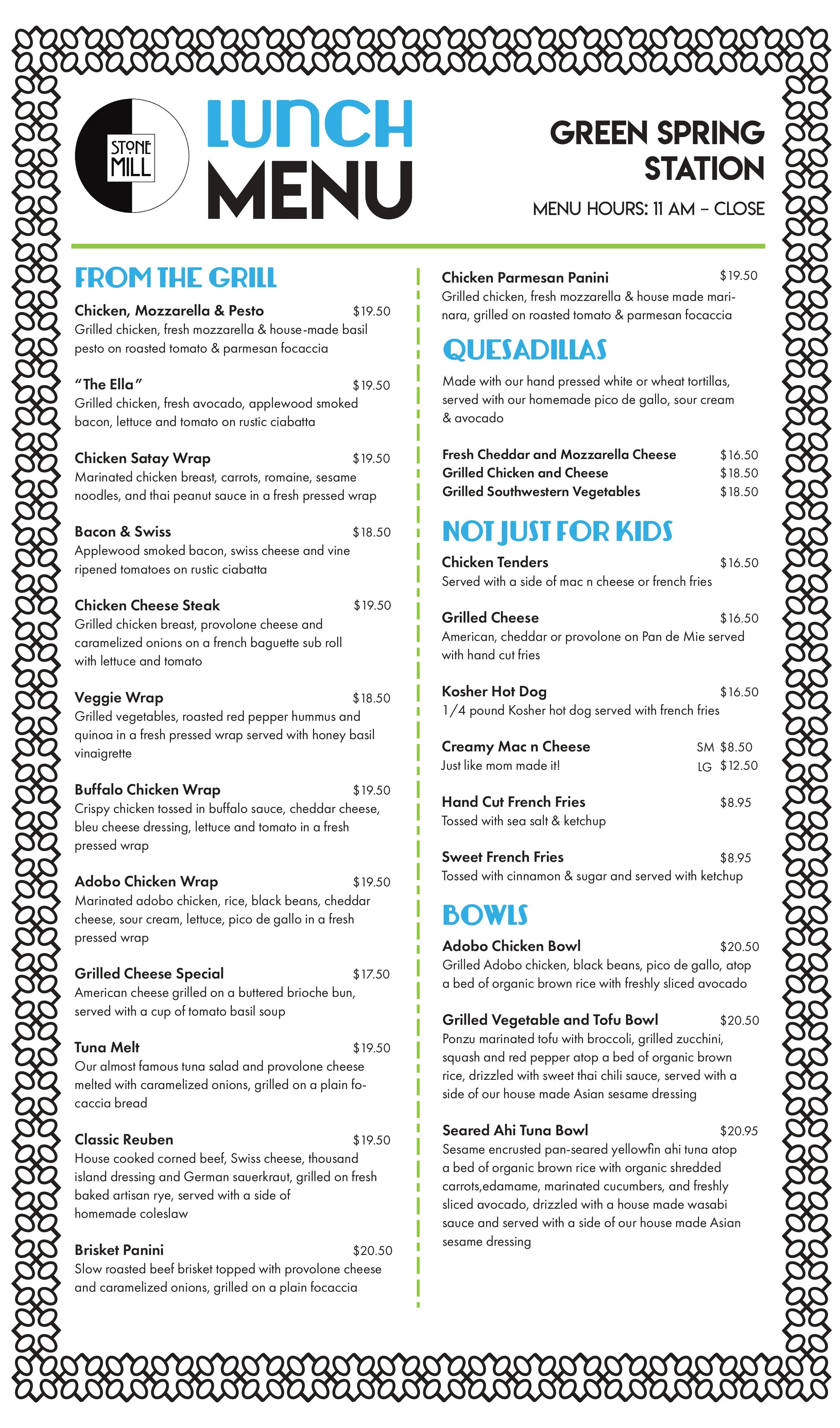 Lunch menu featuring diverse grilled dishes and wraps