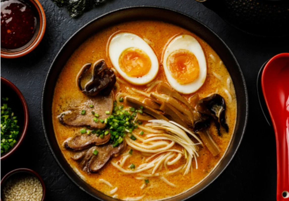Rich Japanese ramen with soft-boiled eggs and sliced pork
