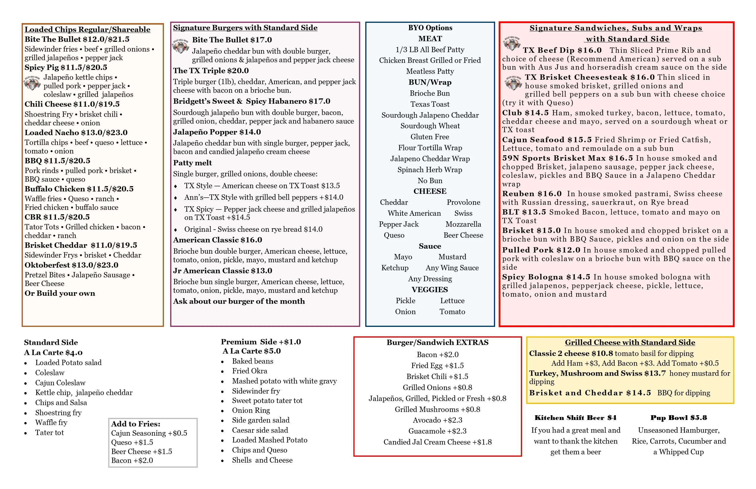 Menu featuring a variety of American burgers and sandwiches