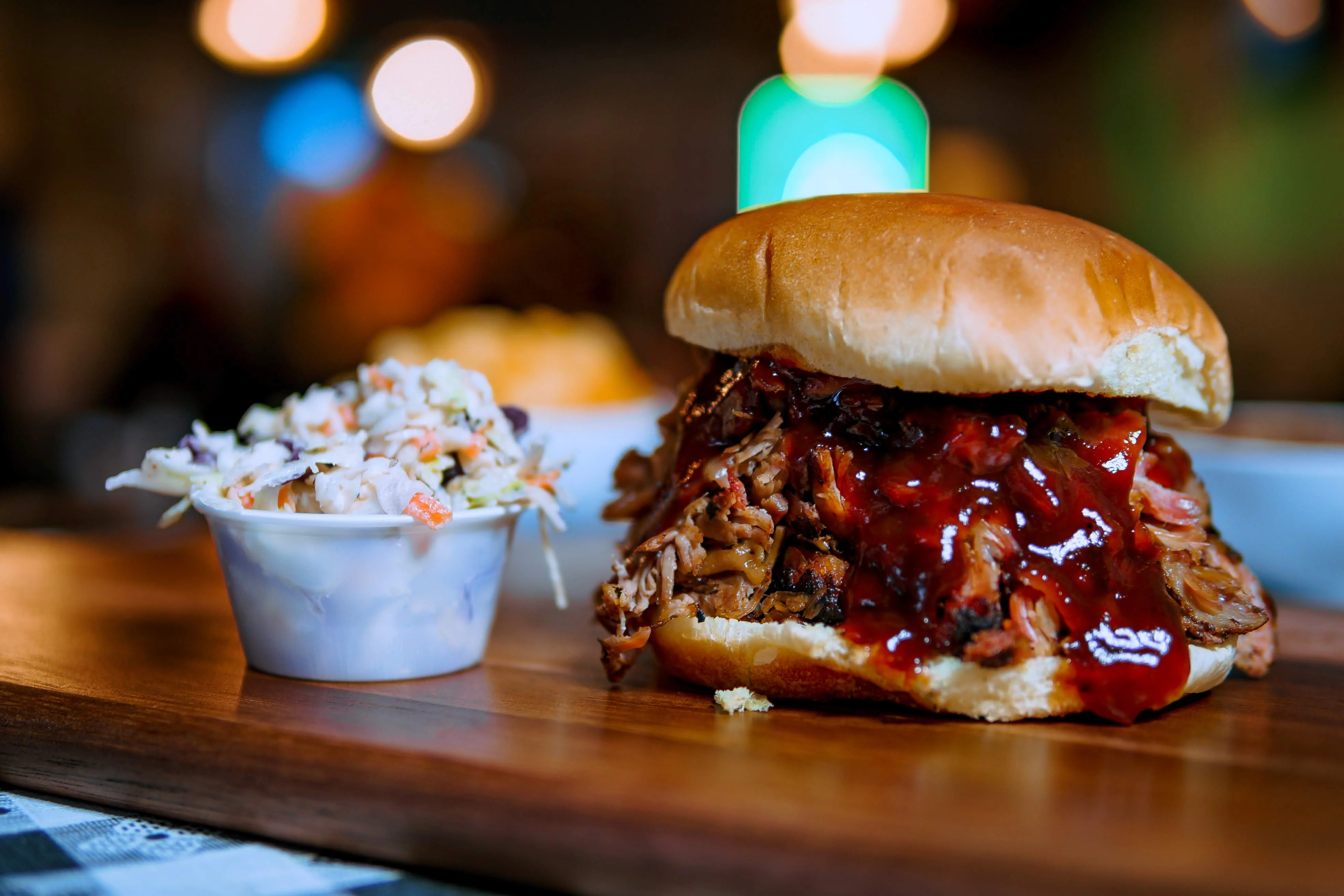 Pulled pork sandwich with barbecue sauce and coleslaw