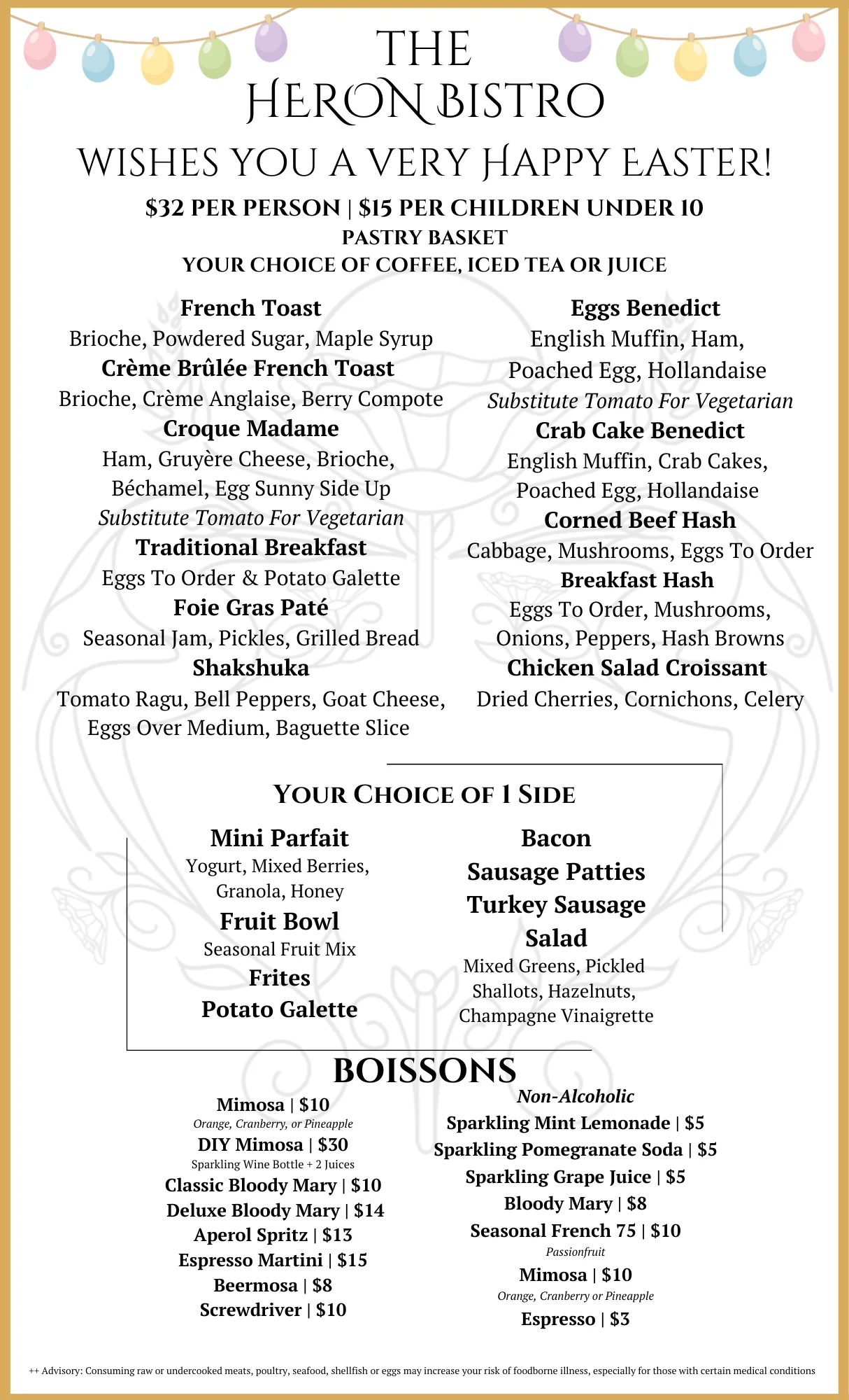 Easter brunch menu featuring various festive dishes and drinks.