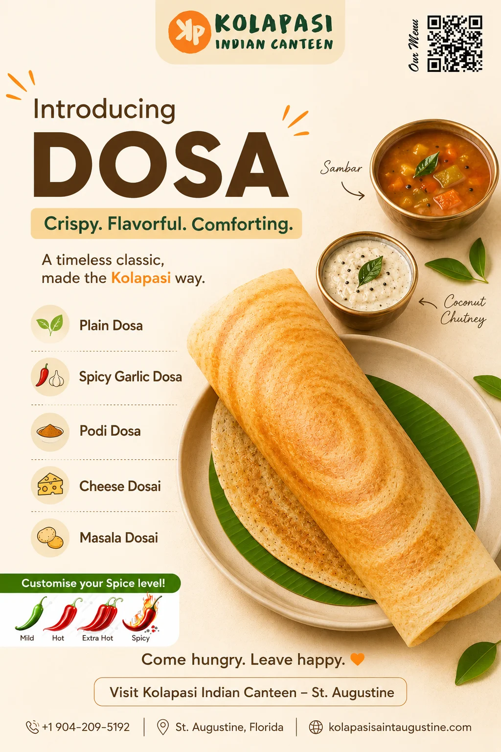 Crispy dosa served with sambar and coconut chutney