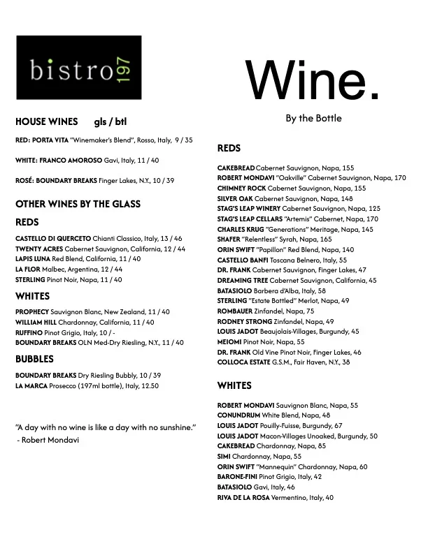 Restaurant wine menu featuring house wines and bottle selections
