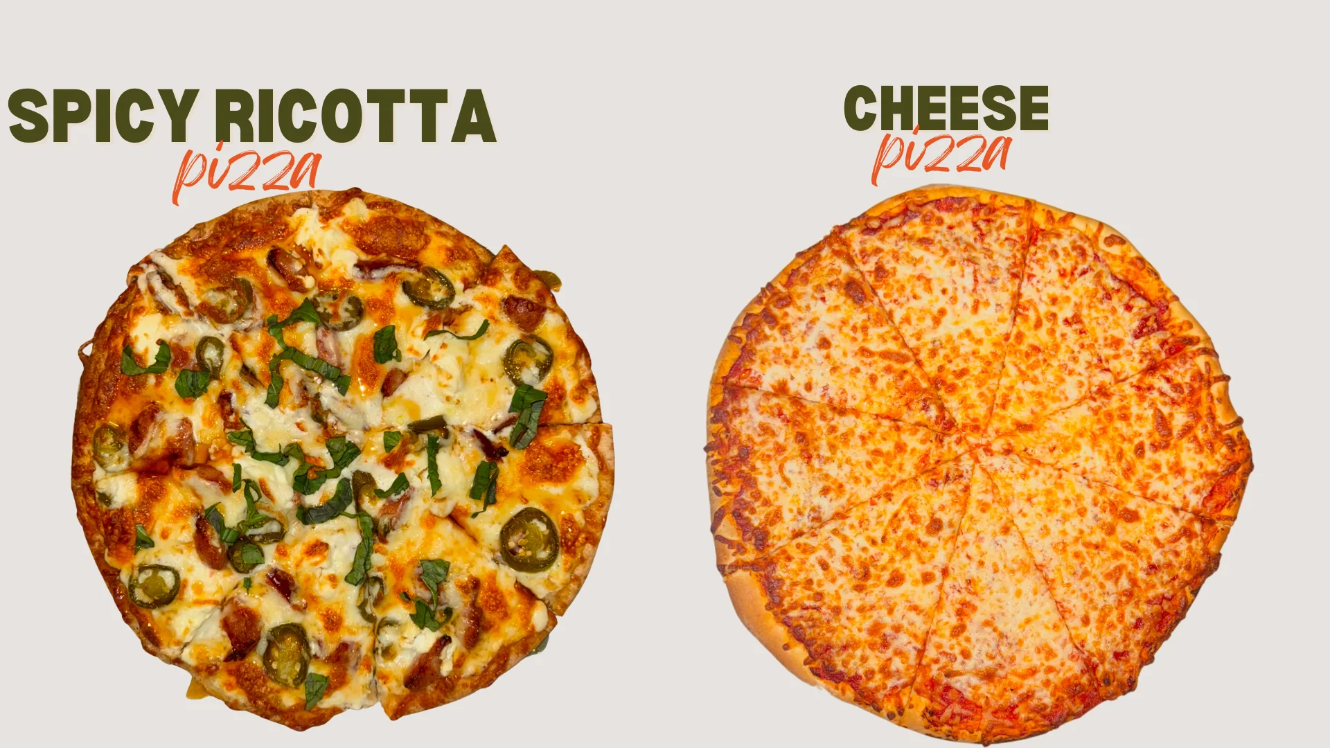 Two types of pizza side by side: one topped with spicy ricotta, jalapeños, and herbs, and the other a classic cheese pizza.