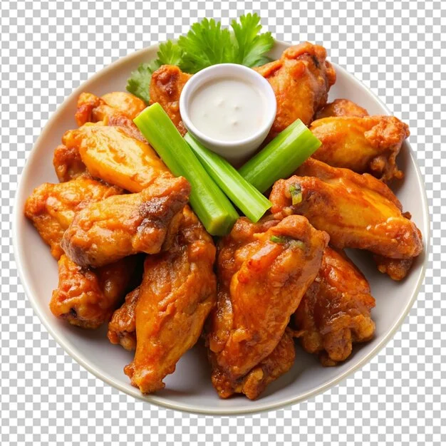 A platter of crispy chicken wings served with celery sticks and a small bowl of dipping sauce.