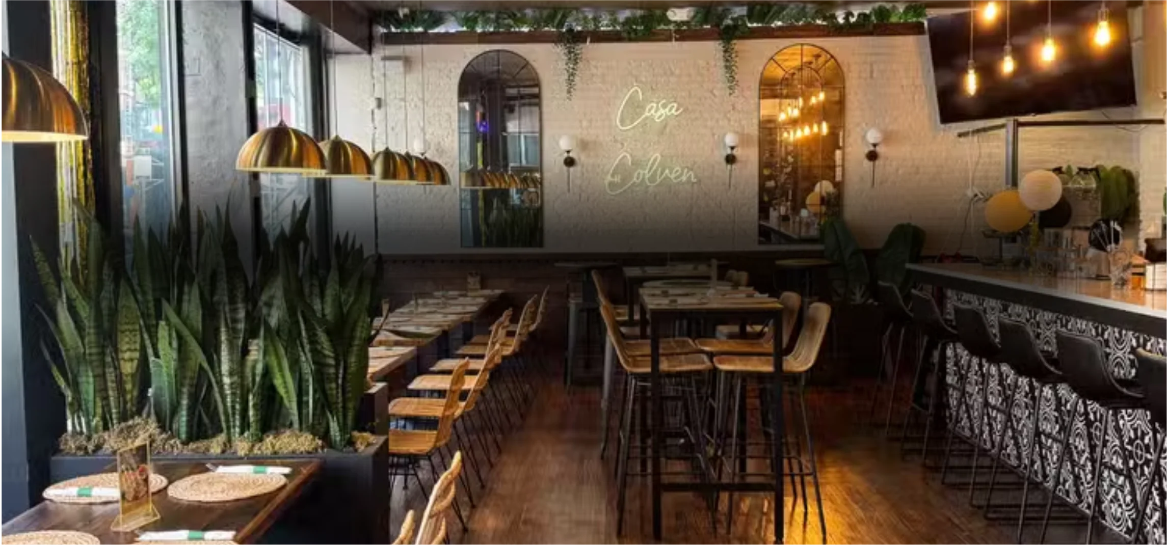 Stylish restaurant interior with modern decor and greenery
