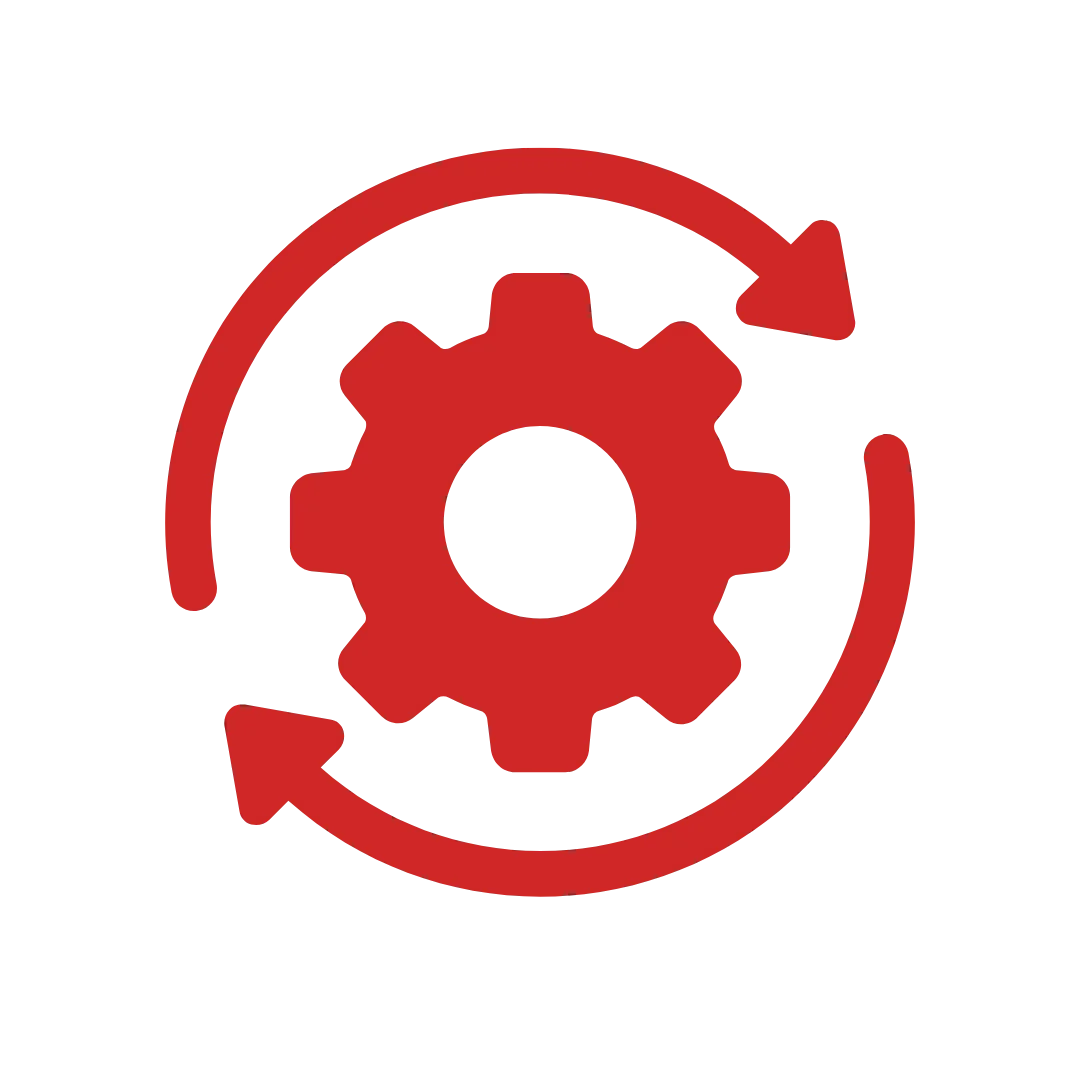 Red gear icon with circular arrows representing process or system