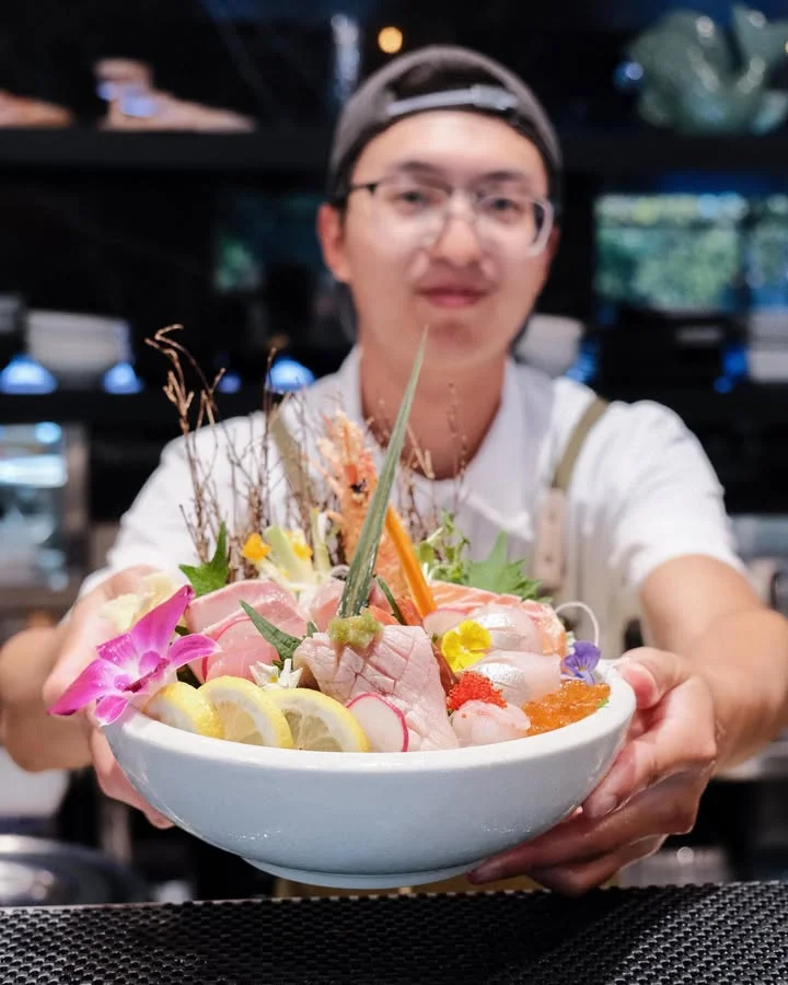 Japanese sashimi platter with fresh seafood and garnishes