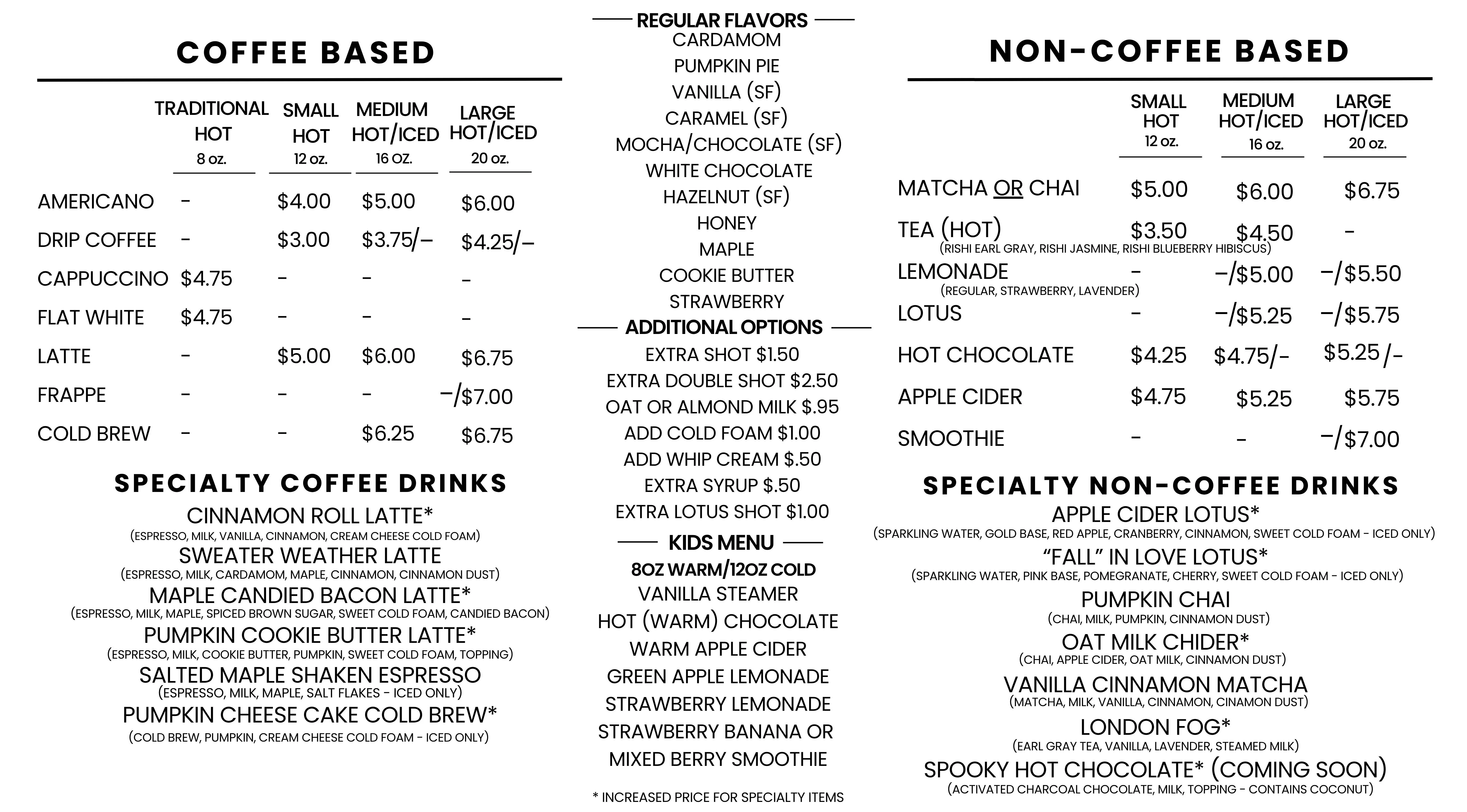 A beautifully arranged menu with delicious drink options - coffee and non-coffee..