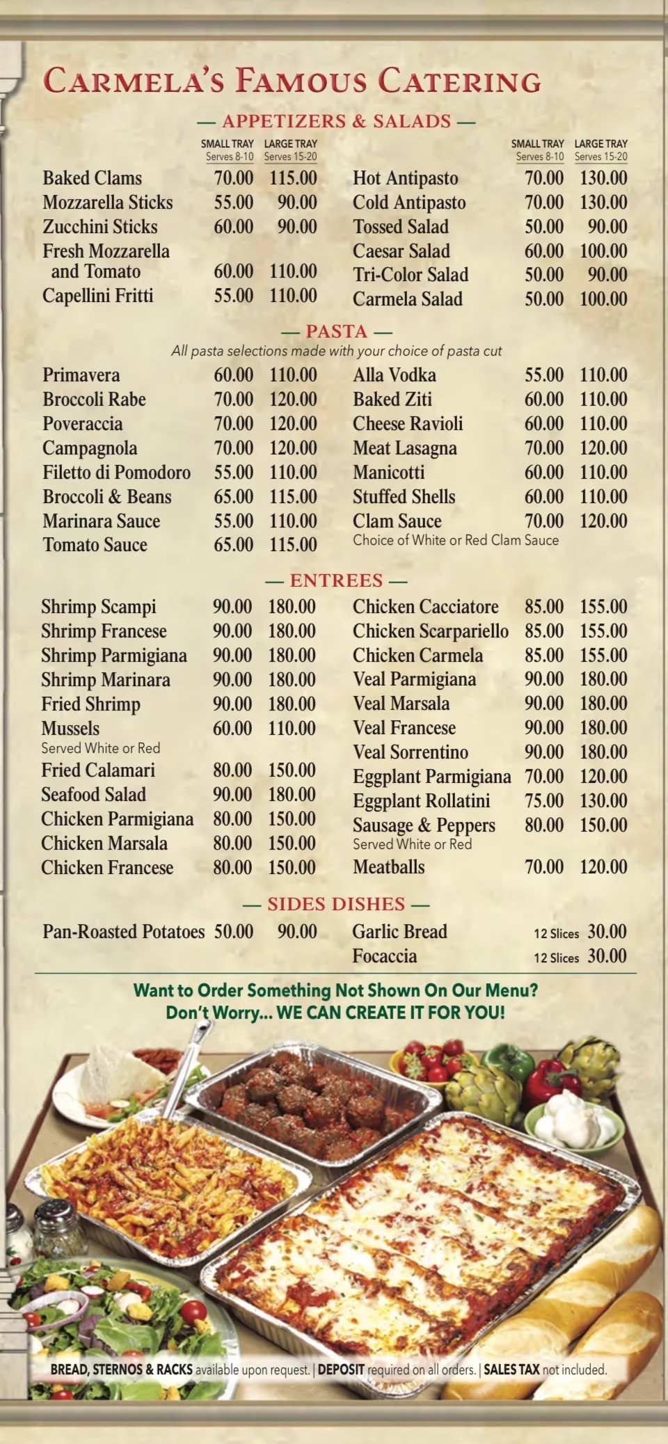 Catering menu featuring Italian pasta and entrees