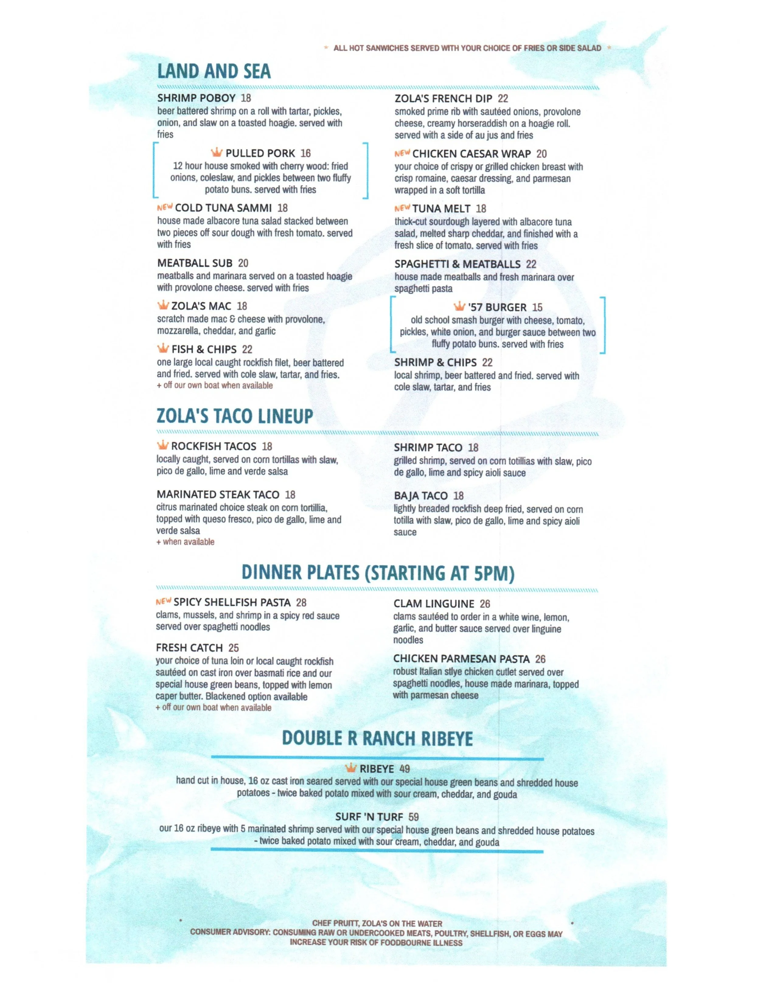 Menu featuring seafood and sandwich options at Zola's on the Water.