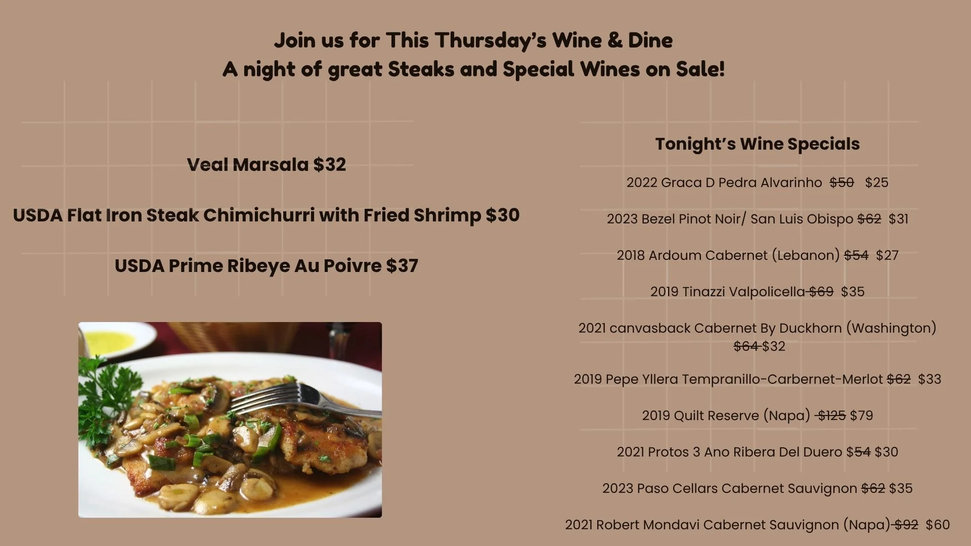 Restaurant Wine & Dine menu graphic featuring steak specials and plated veal Marsala