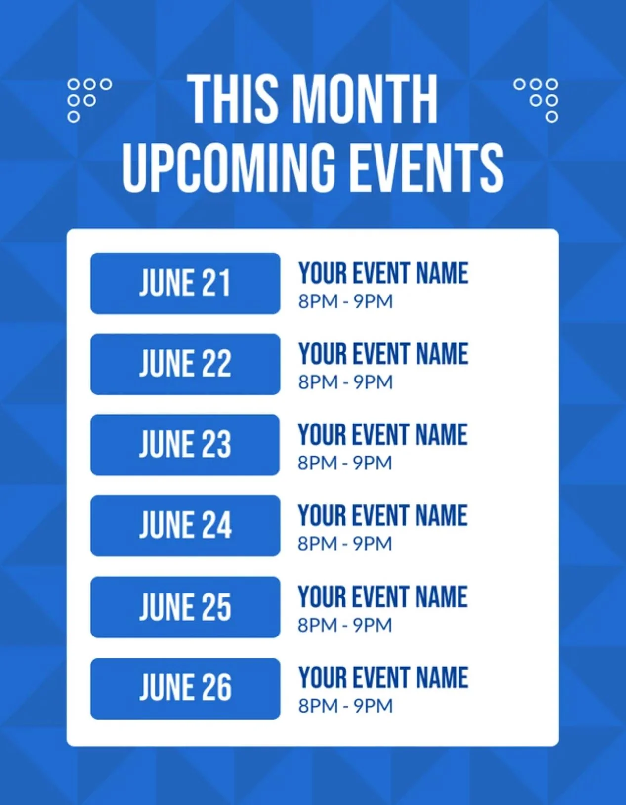 Upcoming events schedule for June with time slots