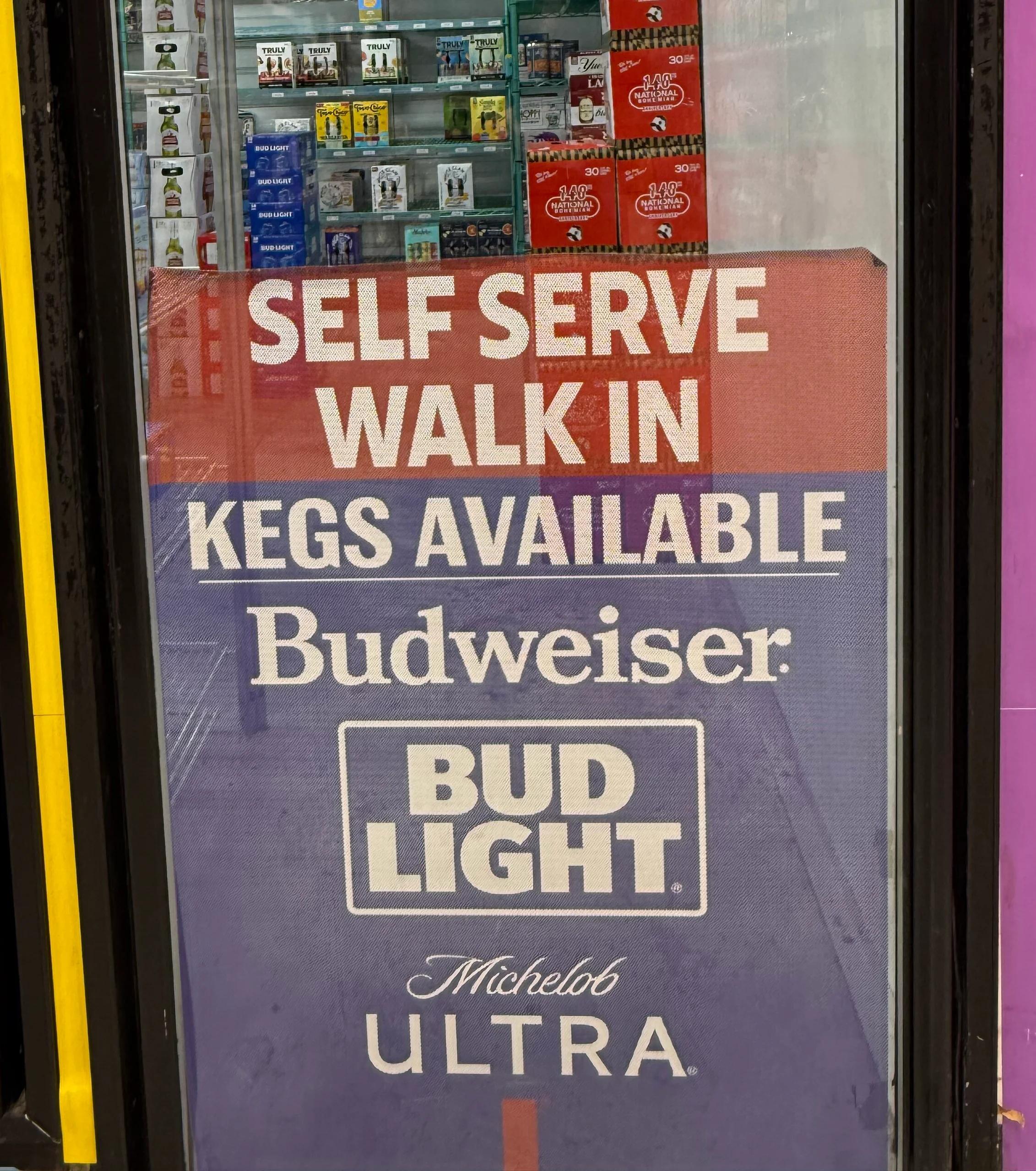 Sign for self-serve beer kegs with popular brands