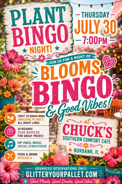 Colorful promotional poster for Plant Bingo Night at Chuck's Cafe