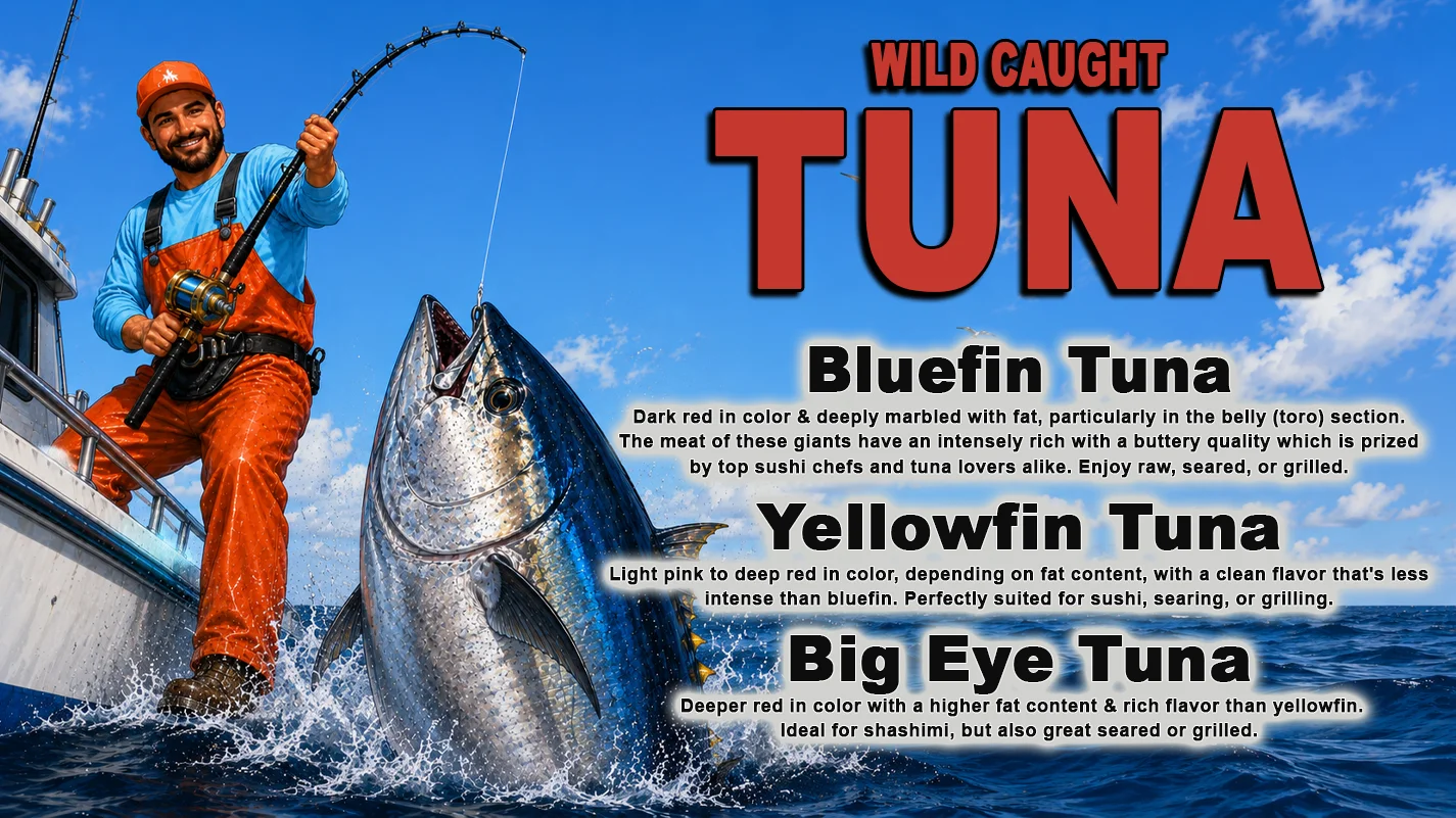 A fisherman proudly holding a large tuna on a boat with a blue sky.