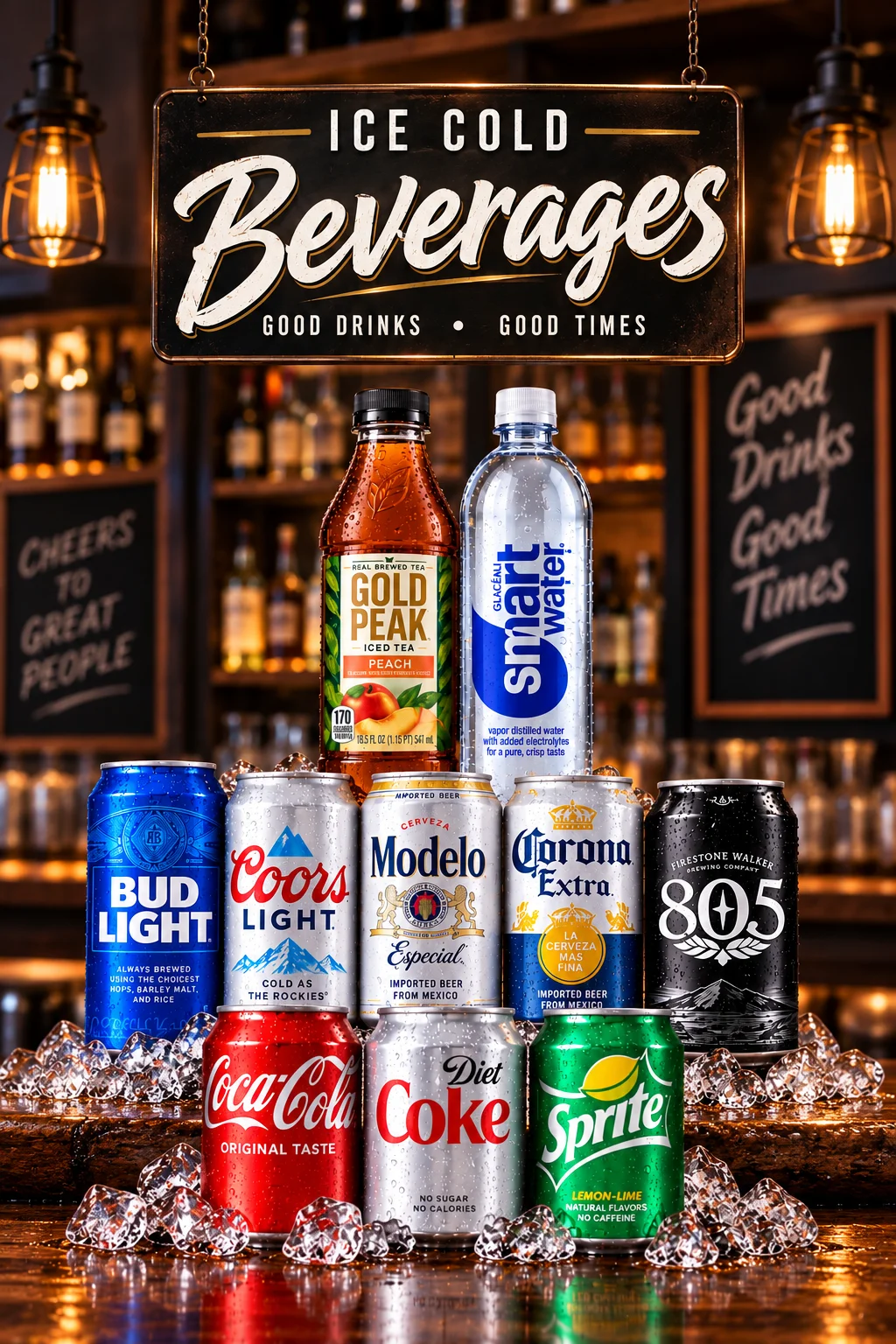Variety of ice-cold beverages displayed on a bar counter