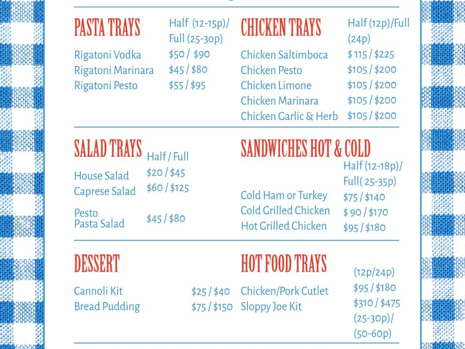 Restaurant catering menu with pasta, chicken, salad, sandwich, dessert, and hot food trays